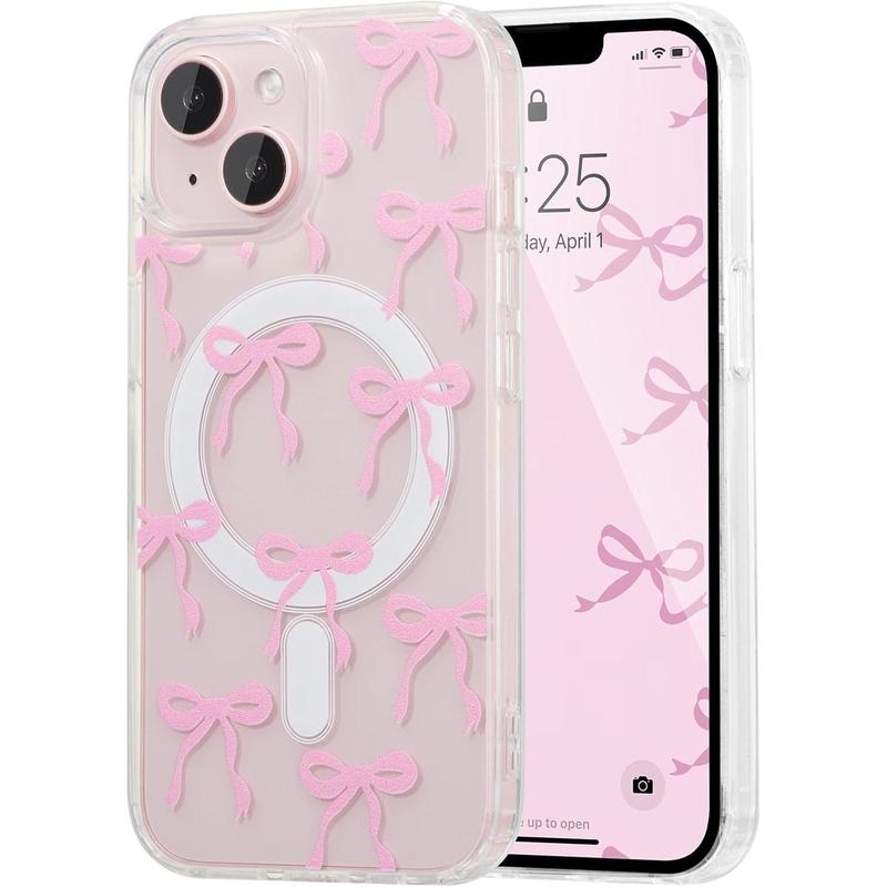 Magnetic for iPhone 17 16 15 14 13 12 11 Case, Bow Case Compatible with MagSafe, Wireless Slim Clear Ribbon Phone Cover Anti-Yellowing Shockproof Protective Cover for Women Girl - Pink.QXG339