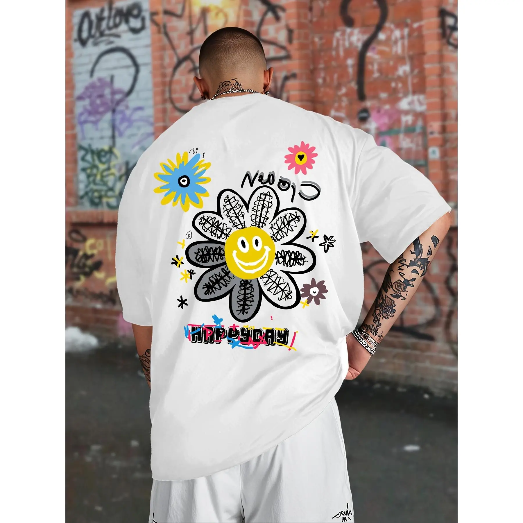 Men'S Trendy T-Shirt with Hand-Painted Graffiti Sunflower Pattern