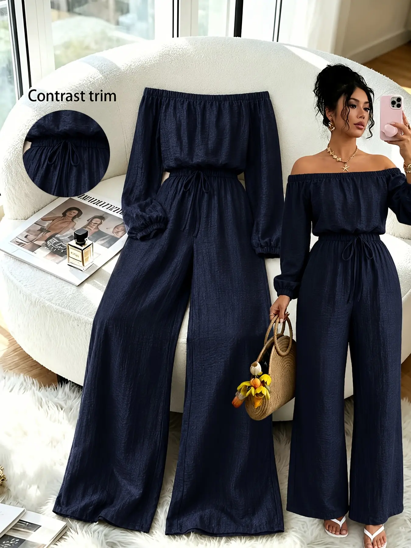 Deep Textured One-Shoulder Bubble Sleeve Romper, High-Waisted Adjustable Drawstring Flowy Wide Leg Vacation, Stylish Chic Lounge Wear