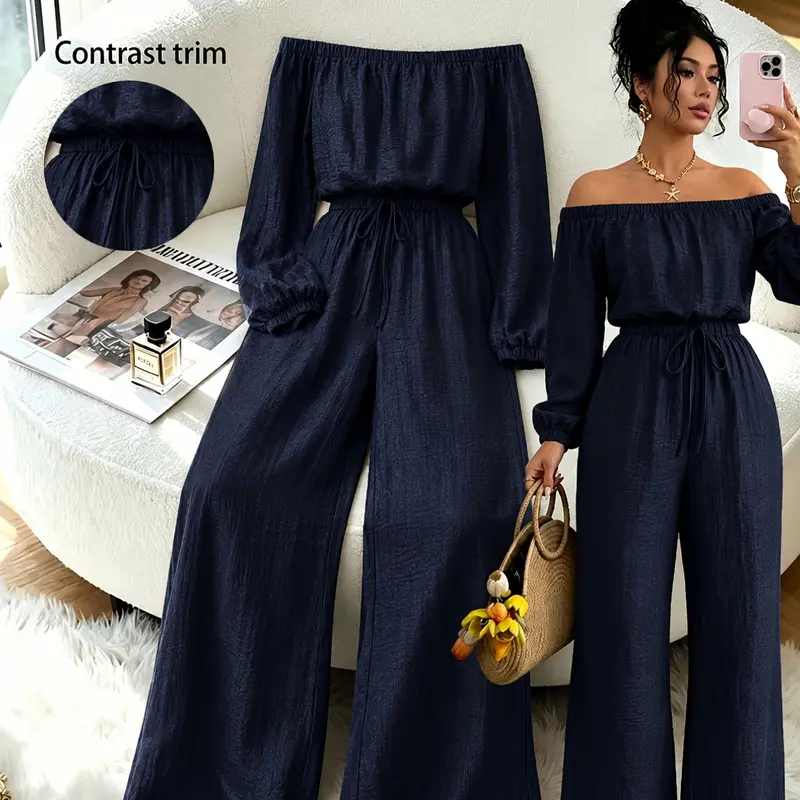 Women's Casual Chic Jumpsuit Set, One-Shoulder Long Sleeve, Slim-Fit, Elastic Waist, Fall & Winter, Party & Vacation Wear
