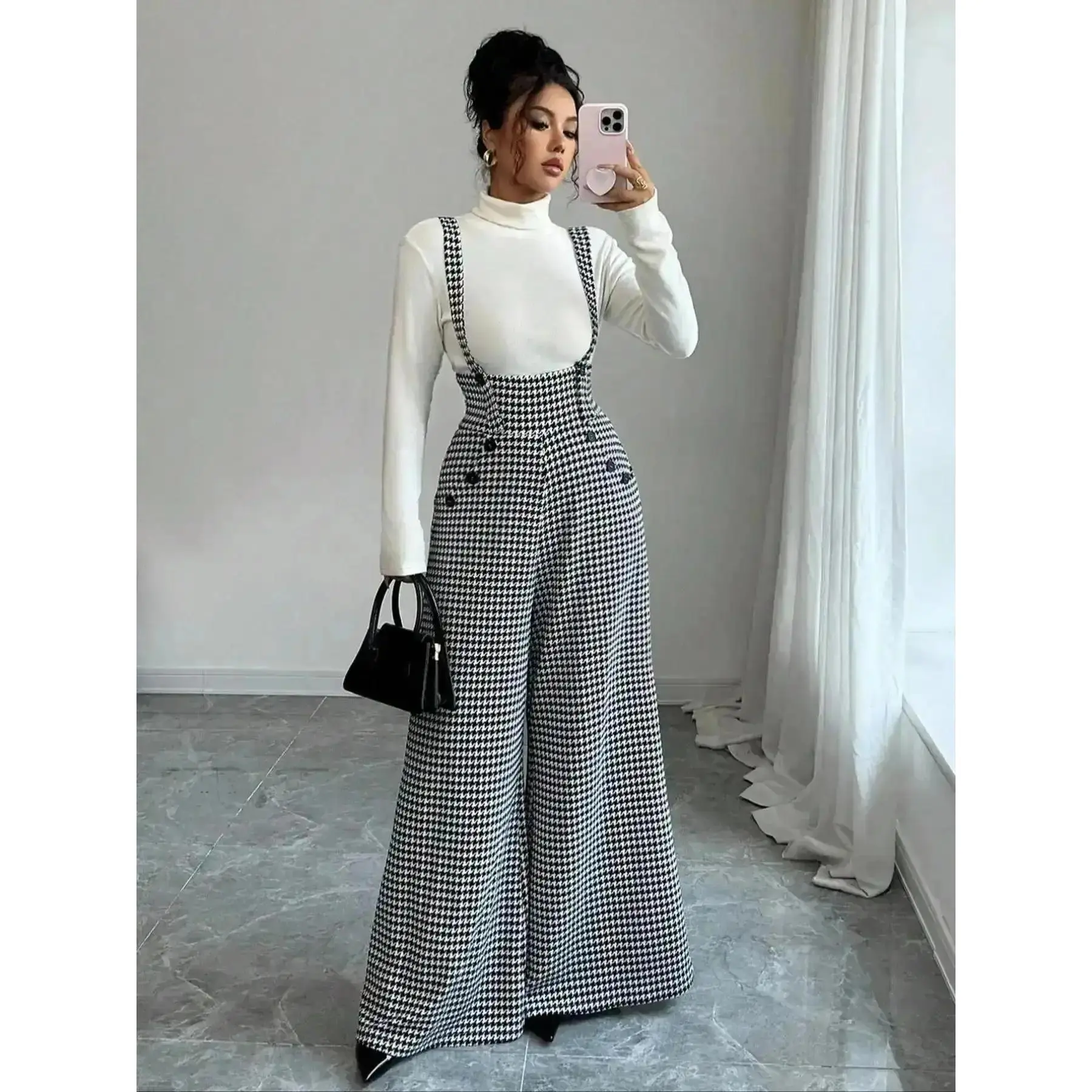 Vintage 2026 Women's Knitted Plaid Print Houndstooth Backless Pants, Loose Fit High Waist Wide Leg Long Fashionable Elegant Casual Commuter Trousers, Pockets, Chic Bottoms, Minimalist Style, Home Comfort, Work Wear cuffed festival straight foam design