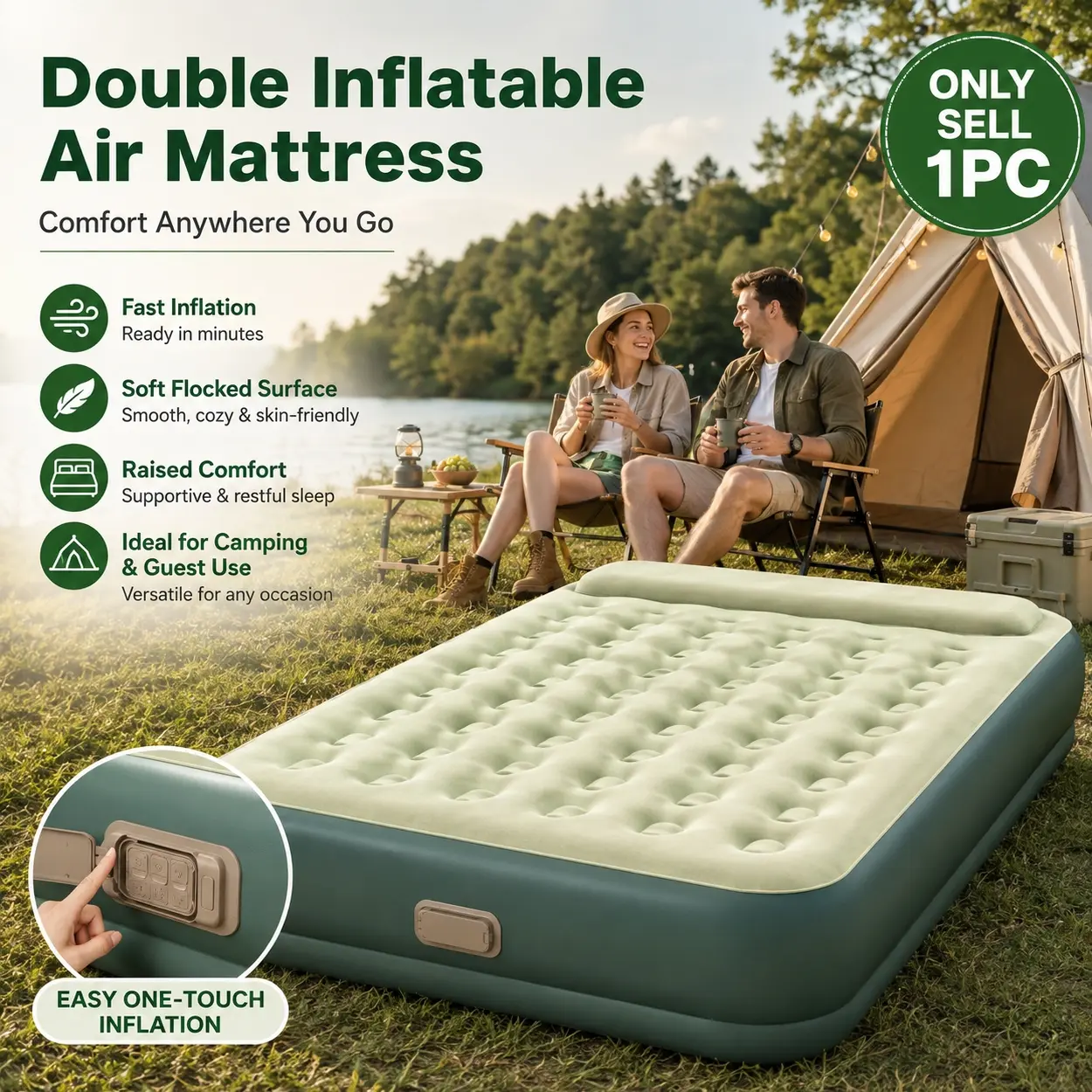 Double Inflatable Air Mattress for Adults, Raised Camping Air Bed with Automatic Pump, Thickened Foldable Blow Up Mattress with Pillow, Portable Moisture Resistant Sleeping Bed for 2 Person Camping, Outdoor Travel, Guest Room and Home Use, Airbeds