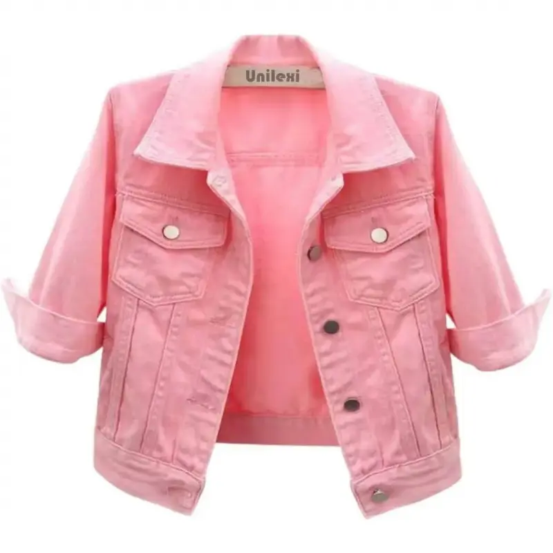 Women's 3/4 Sleeve Colored Cropped Denim Jacket Light Wash Short Jean Jacket Trucker Coat
