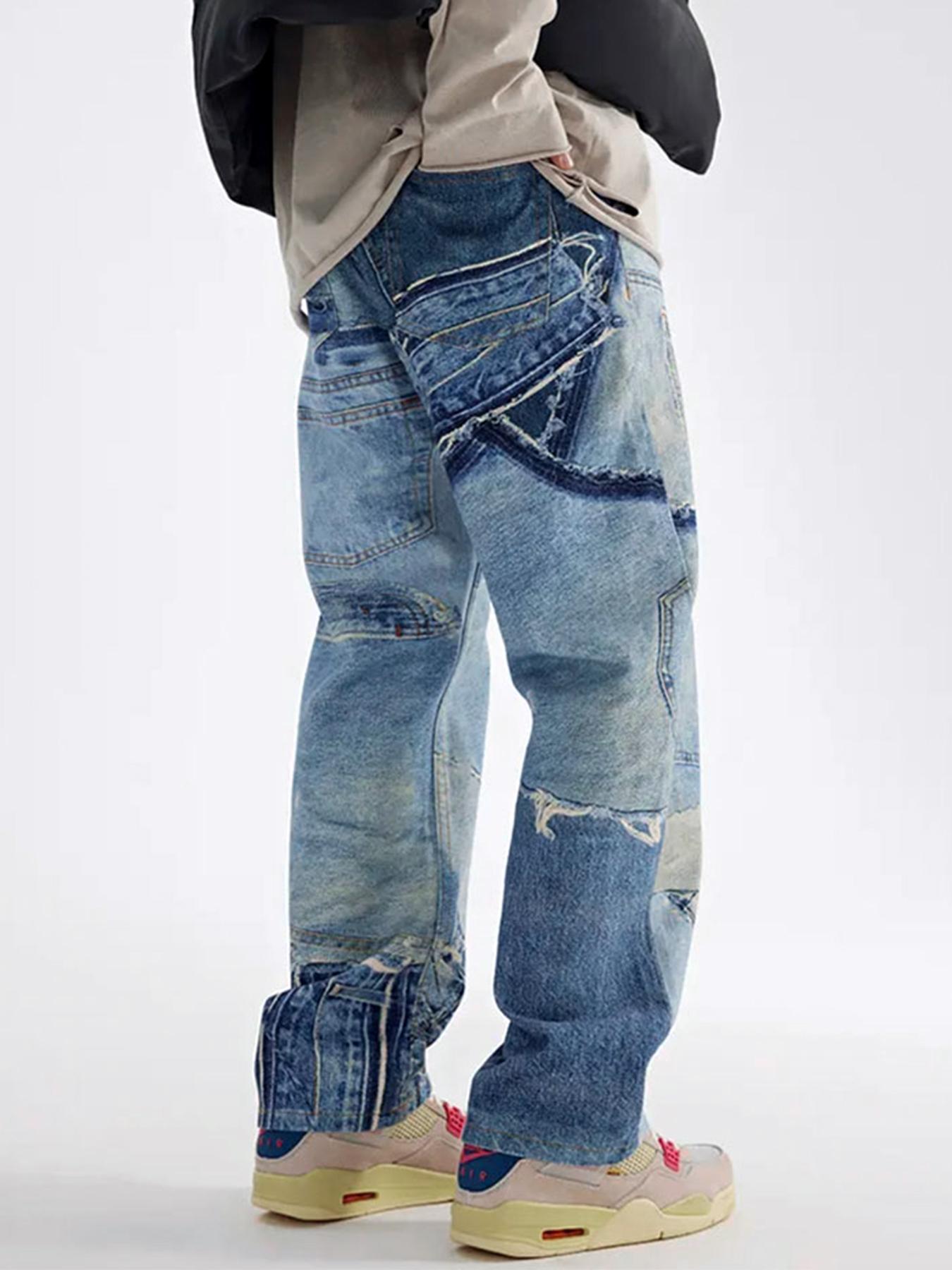 Unisex Men's Denim-Effect Print Pocket Straight Leg Pants, Loose Street Fashion Casual Button Fly Trousers for Daily Wear, Mens Bottoms for All Seasons, Street Style, Menswear, Streetwear, Ripped Jeans