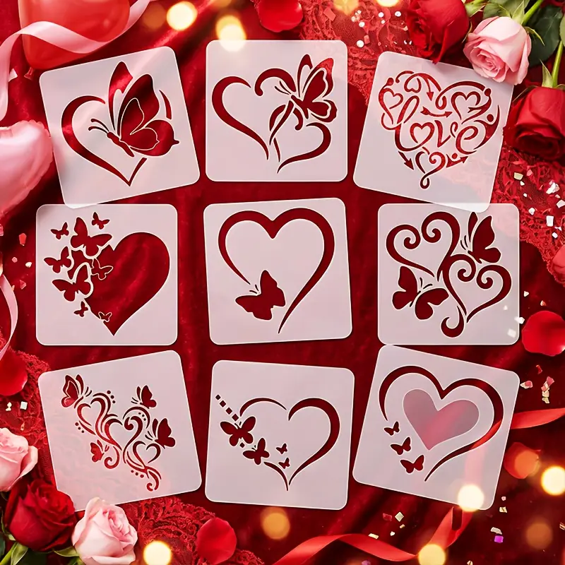 9 heart and butterfly-themed templates, 4-inch reusable Valentine's Day designs suitable for art projects, featuring a smooth texture perfect for use on walls, fabric, paper, scrapbooking, card making, and hand-drawn design templates