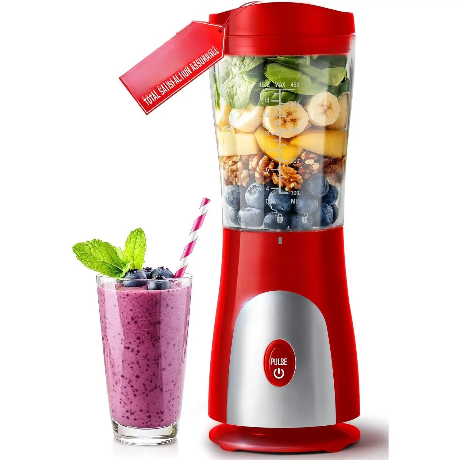 Heavy-Duty Personal Blender for Shakes and Smoothies with a 15 Oz Travel Cup and Lid, Juices,  , Portable Blender &  Processor, Red