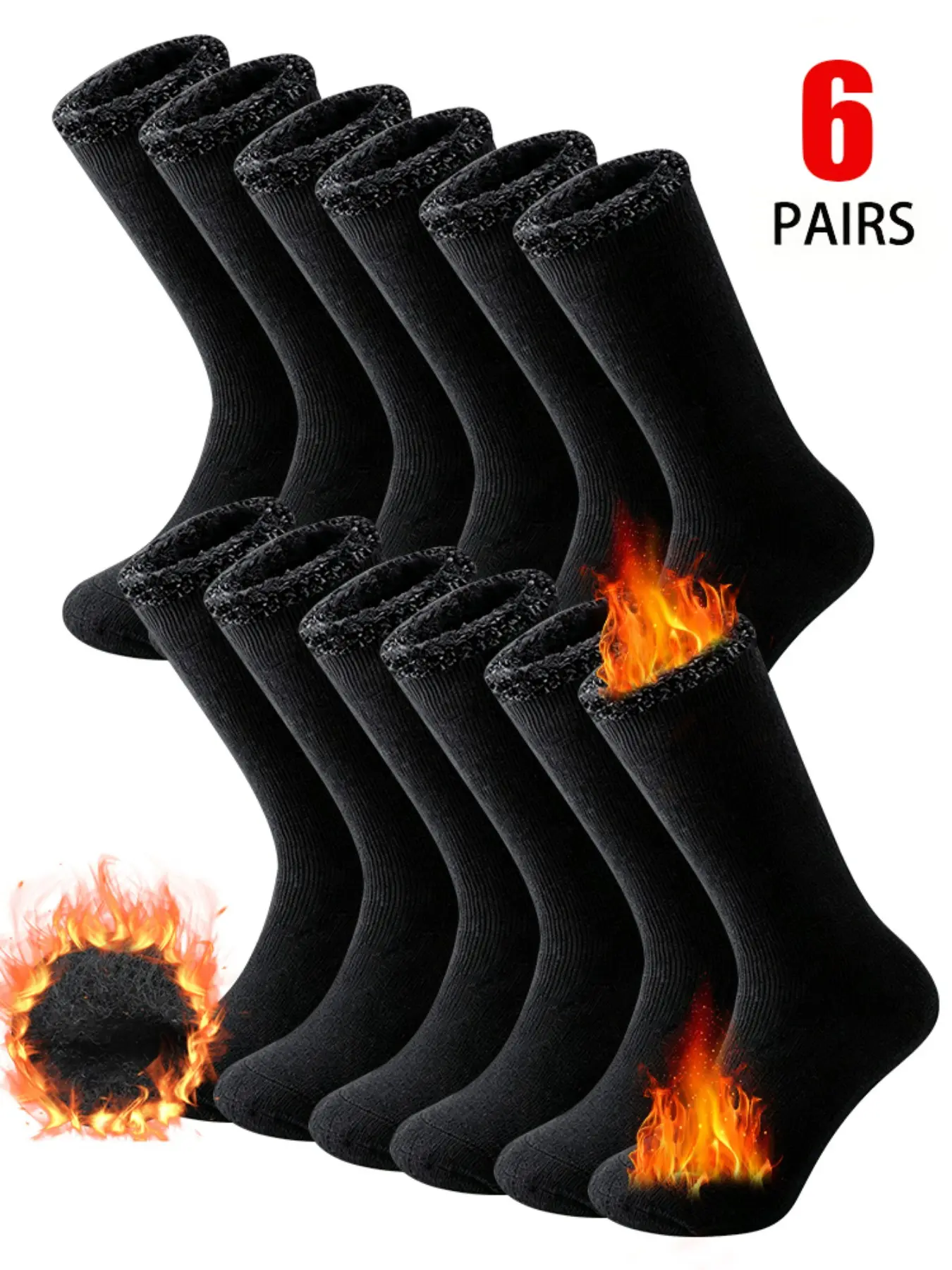 3/6/9 Pairs Super Thick Men Winter Thermal Socks, Fuzzy Fleece Lined Crew Socks with Turn‑Over Plush Cuff, Solid Color Extra Warm Cold Weather Socks for Outdoor Hiking Home Wear