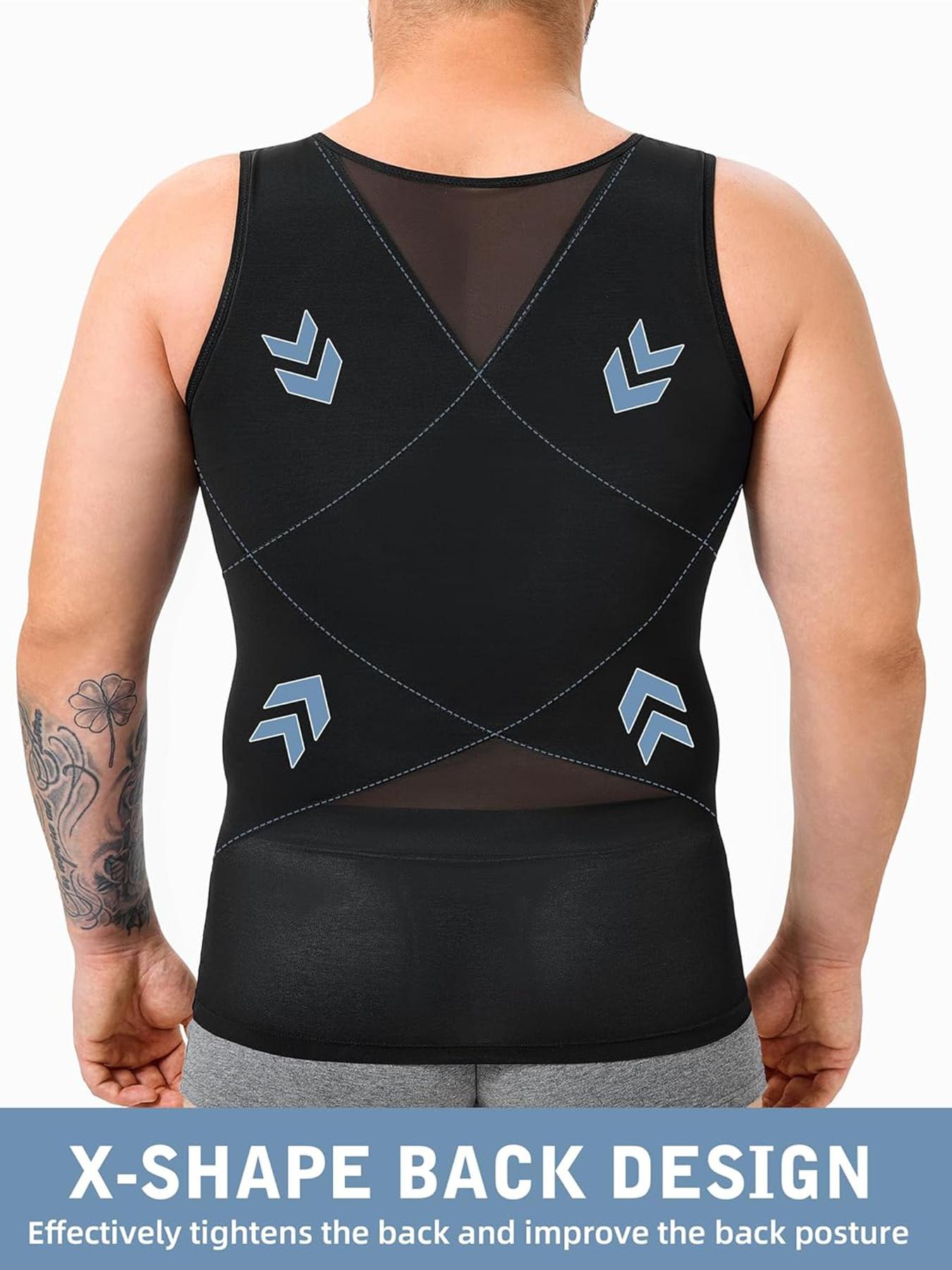 Plus Size Men's Solid Sheer Back Support Tank Top, Breathable Comfortable Tummy Control Shaper Vest, Men's Shapewear for Daily Wear