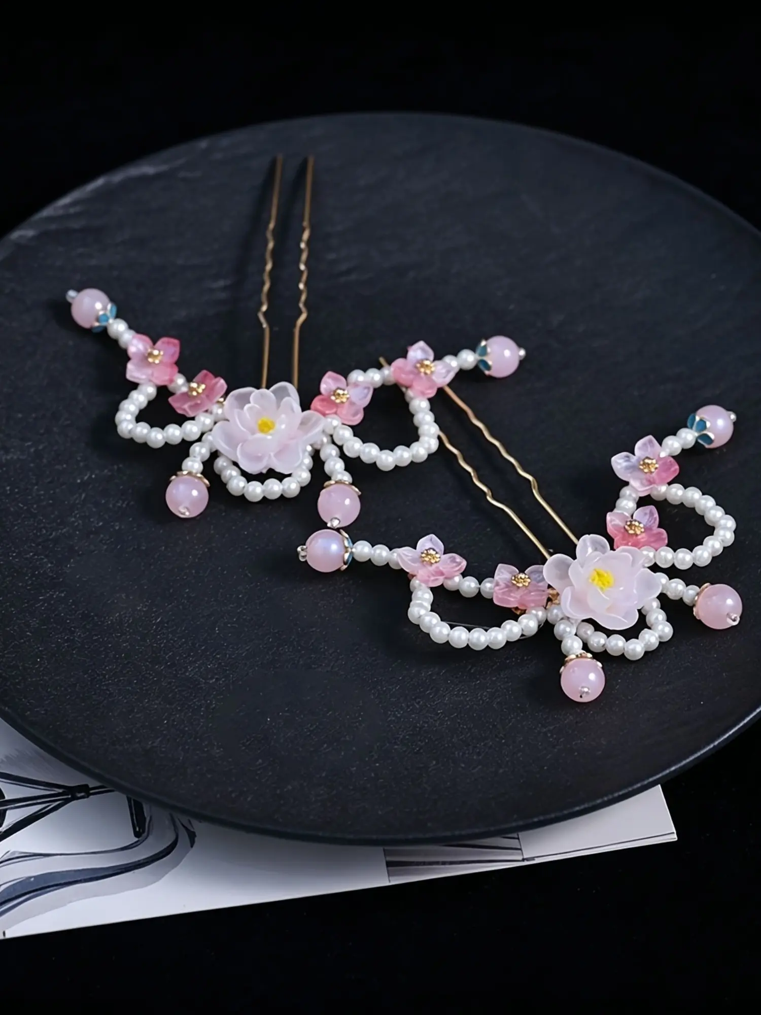 Vintage Transparent Flower Pearl Beaded Hair Fork, Dual Color, Hanfu Side Hair Stick, Oriental Ancient Costume Hair Jewelry