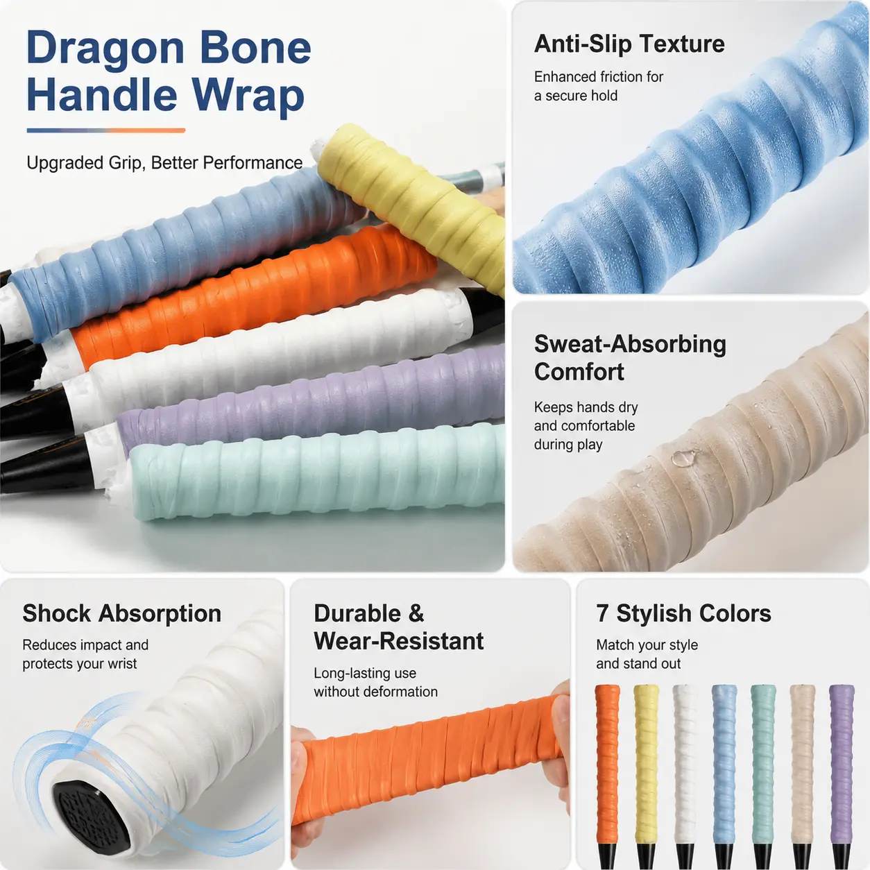 Premium Non-Slip Badminton Grip Tape with Sweat-Absorbing Micro-Texture, Gradient Color Design, Reinforced Core Support for Racket Handles – Compatible with Badminton & Tennis Rackets