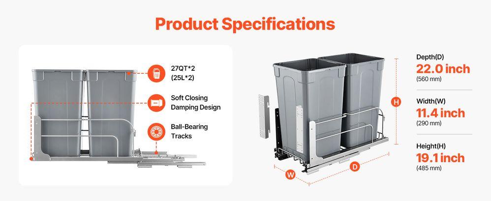 Double Pullout Waste Container Kitchen Trash Can with Soft Close Grey 27QTx2