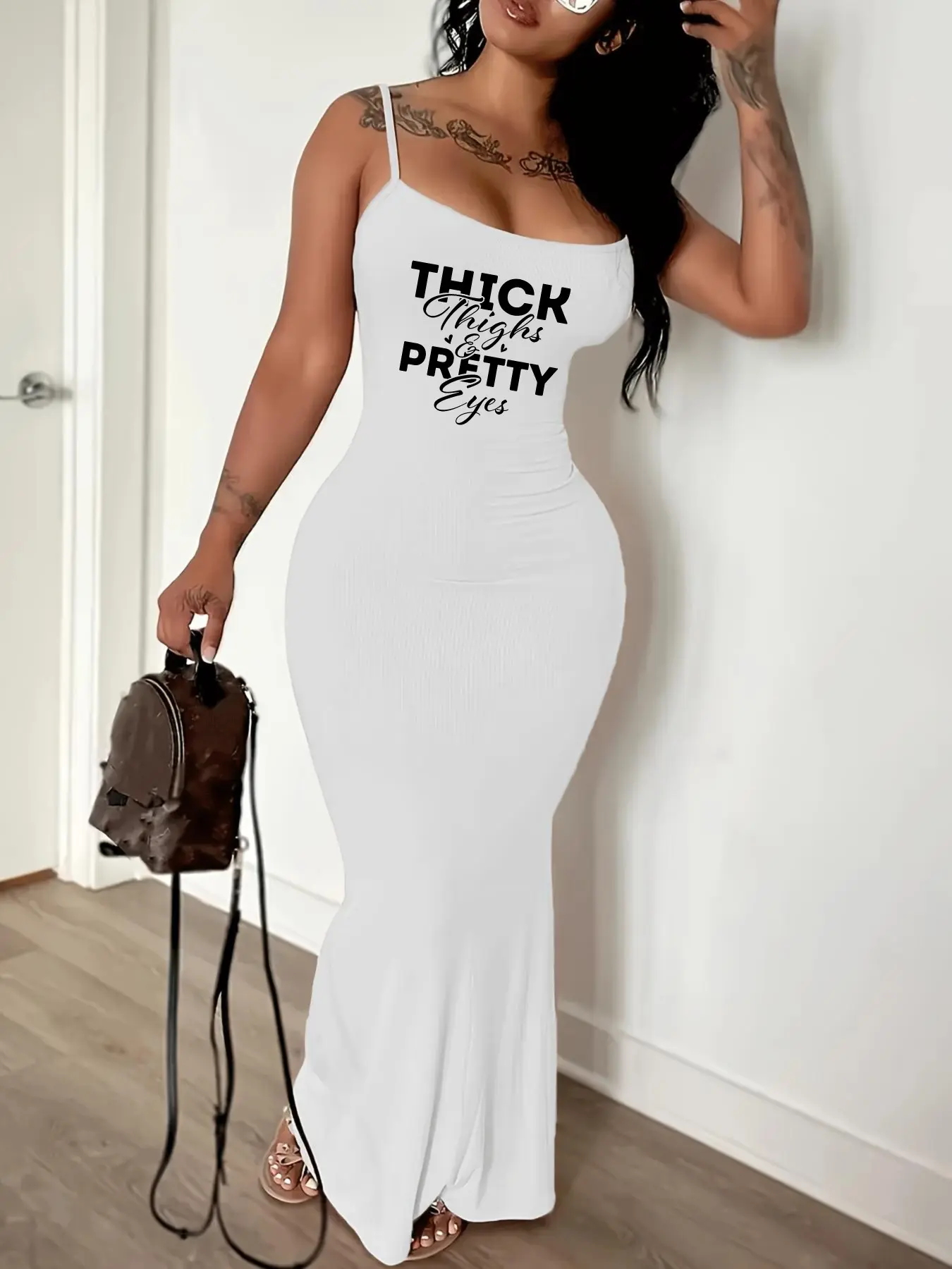 8058-T301h New Women's Sleeveless Long Dress with Thin Straps, Spaghetti Strap, Elastic Waist, Casual Style, Slim-Fitting, Bodycon Fitted, All Seasons