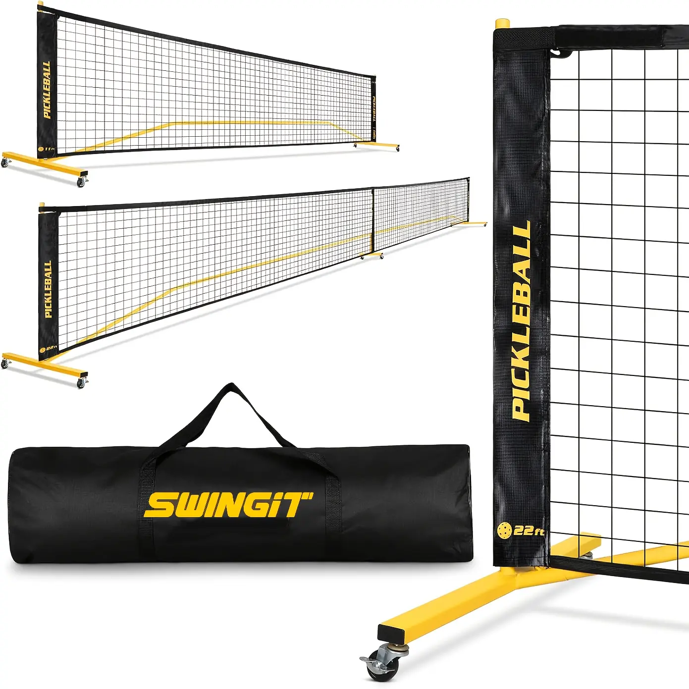 Pickleball Net With Wheels, Portable 2-in-1 Pickle Ball Net With Ball Collector, 22FT Regulation Size & 11FT Half Court Size, Carry Bag, Steady Metal Frame For Outdoor Indoor Driveway