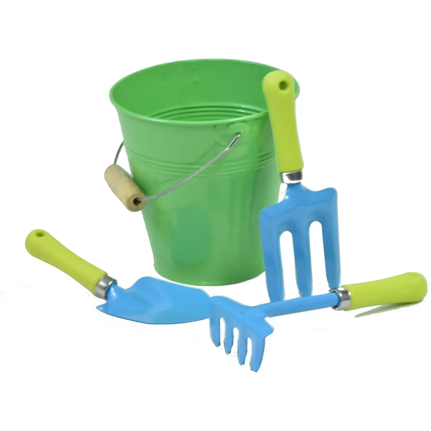 JustForKids Garden Tool Set - Green Metal Pail with Real Mini Shovel, Rake & Cultivator, Wooden Handles, Perfect for Outdoor Play, Gardening Fun, and Educational Activities for Kids