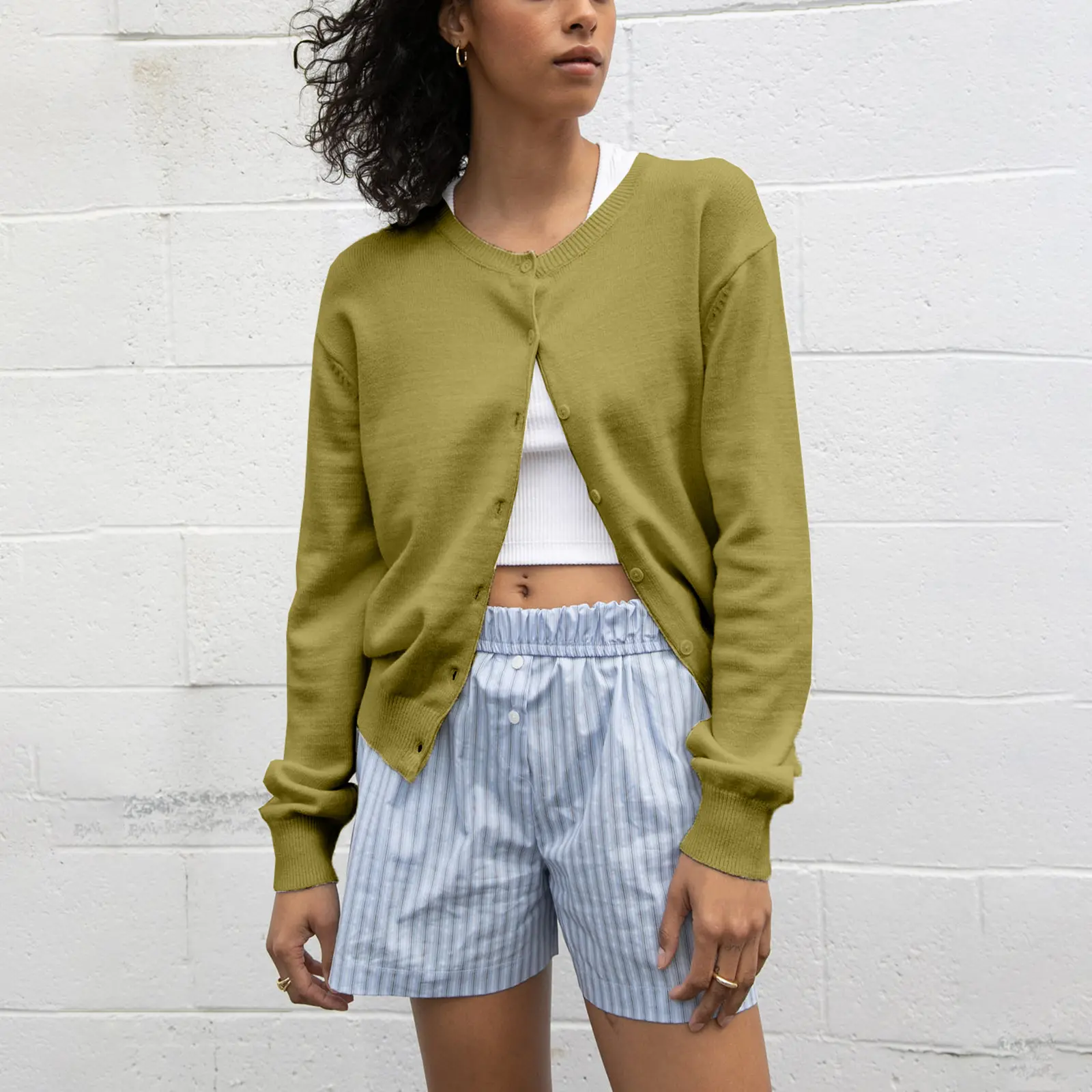 Women Solid Color Lightweight Knit Cardigan, Long Sleeve Round Neck Button Front Casual Knit Outerwear Tops Cotton Knitwear
