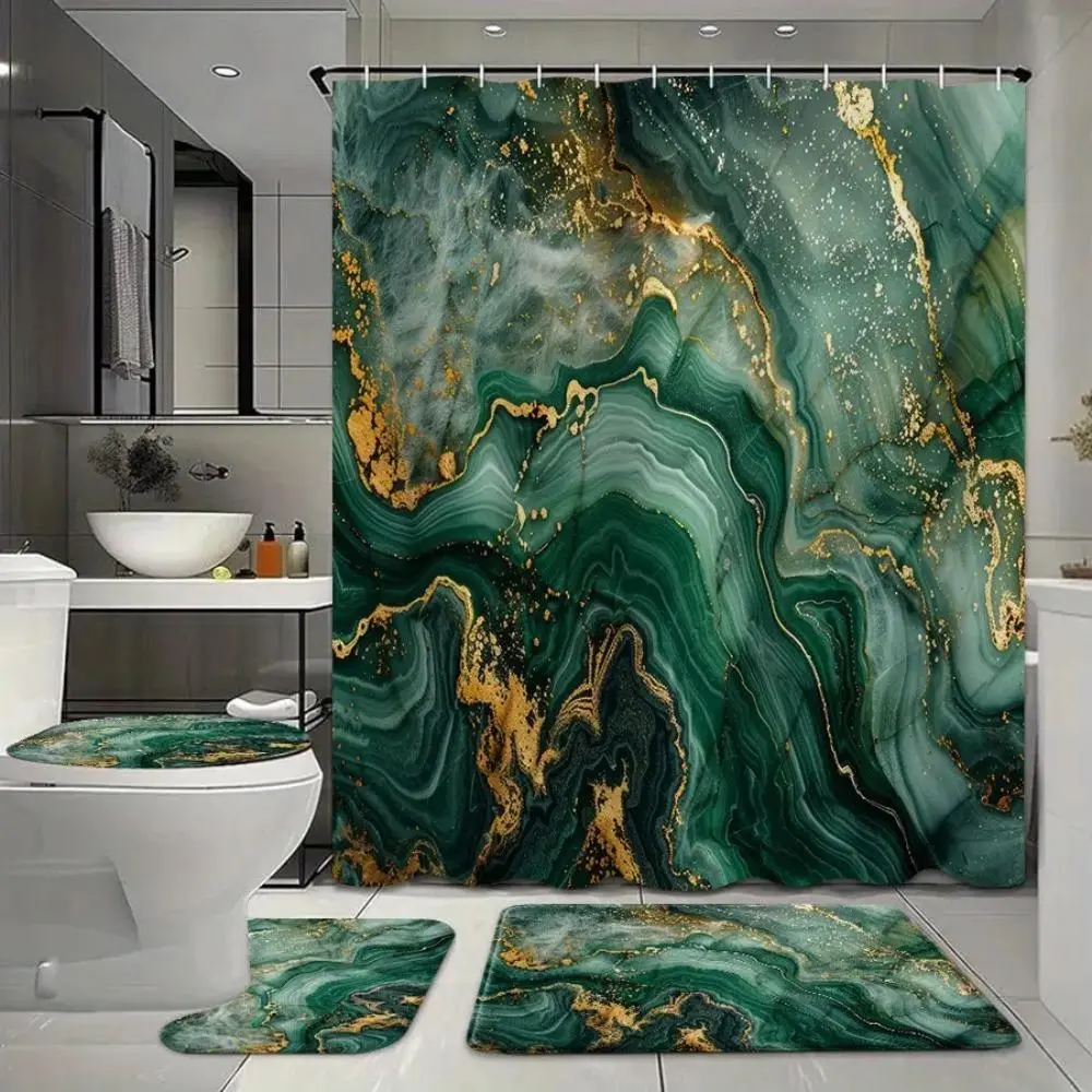 Bohemian Green Marble Shower Curtain Set, 4-Piece Polyester Bathroom Decor with Rugs and 12 Hooks for Easy Installation, Shower Curtains, Includes Hooks, Toilet, Seat
