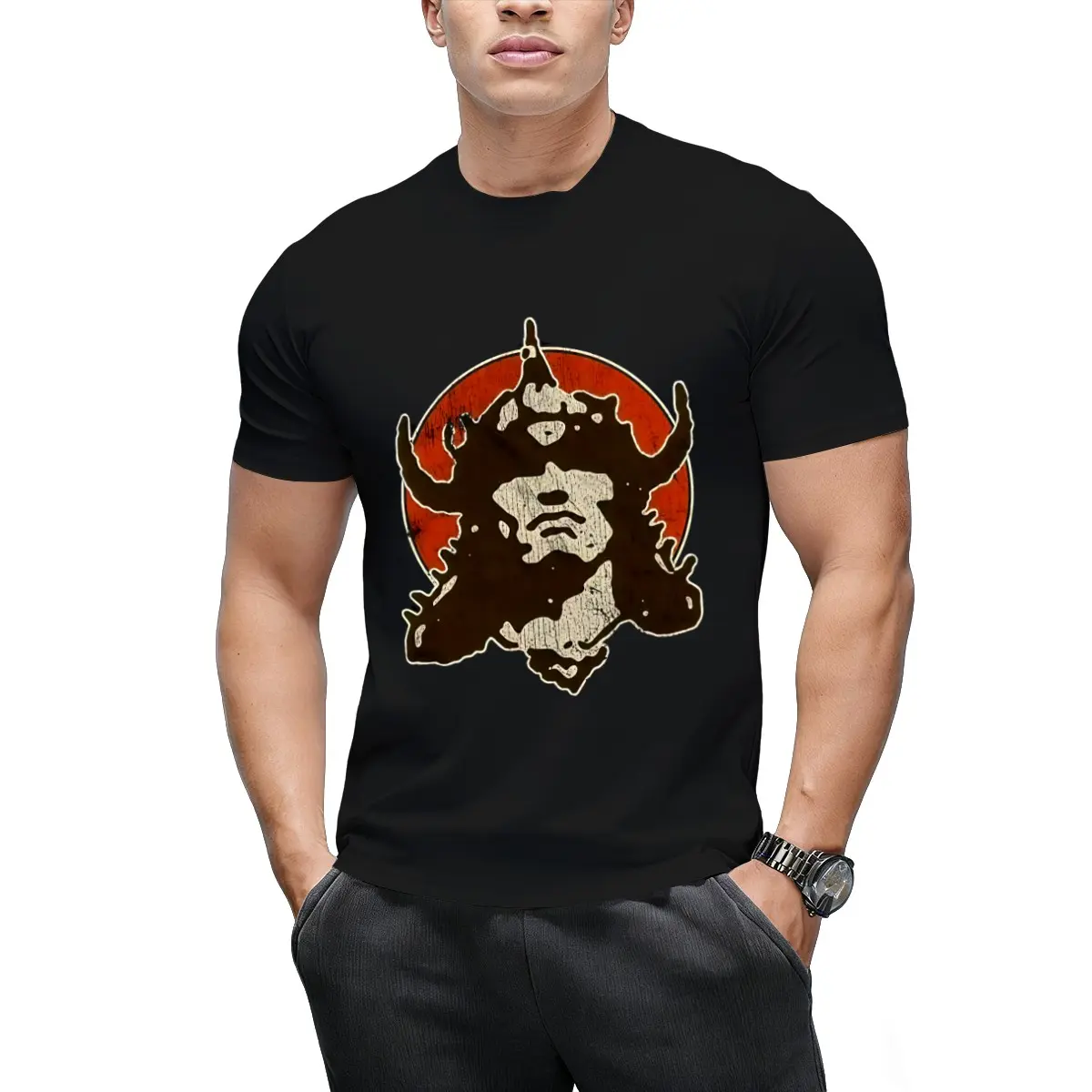 Vintage Distressed Norse Viking Warrior Retro Circle Graphic Crew Neck Short Sleeve Cotton T-Shirt Fabric Menswear