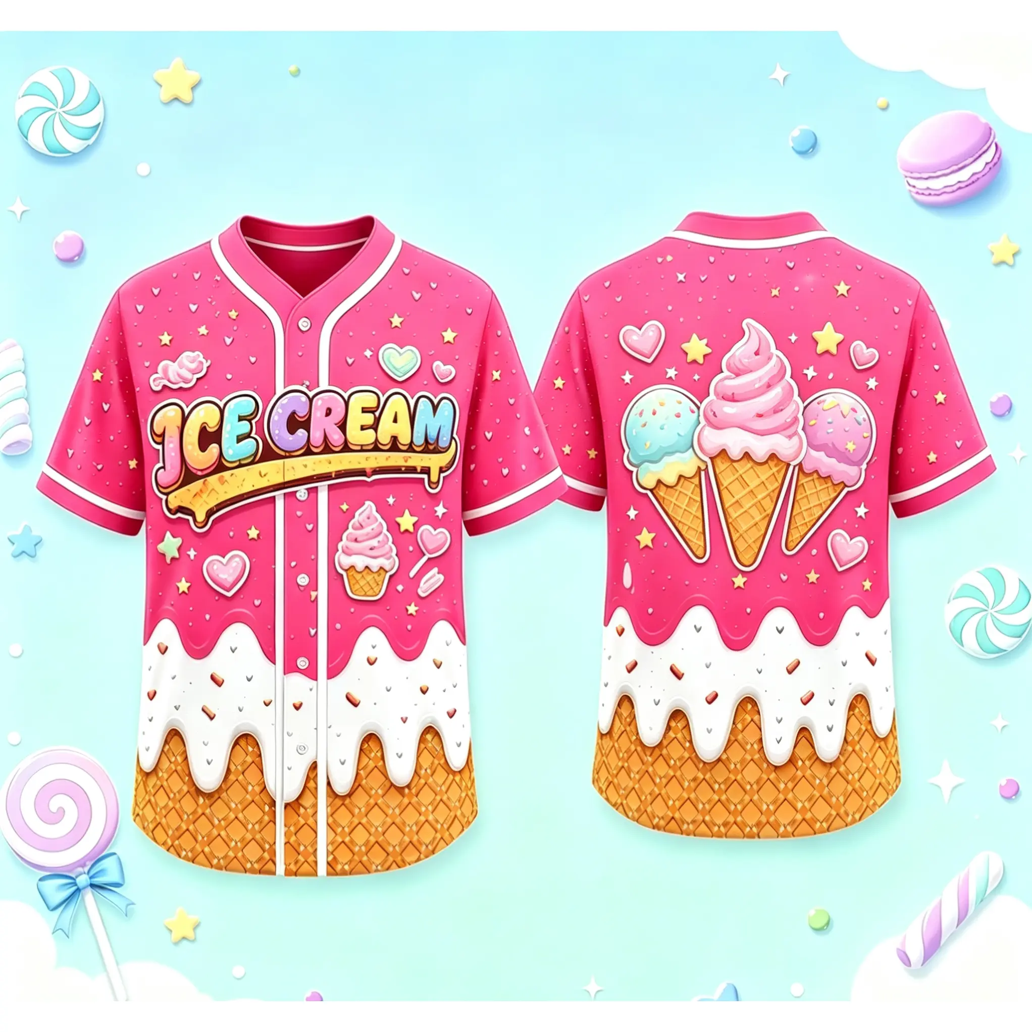 Ice Cream Drip Baseball Jersey for Men Women, Sprinkle Drip Baseball Matching Family Shirt,Summer Outfit,Adorable Melting Cream Sprinkle Heart Star Waffle Cone All Over Print Button Up Top #   TikTokMadeMeBuyIt #   TikTokShop #   Funny Shirt # Baseball Je