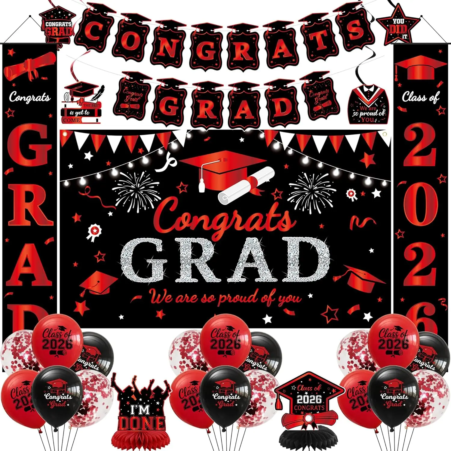 Roetyce Lightweight Polyester Class of 2026 Graduation Decorations Set, Black-Red Print Congrats Grad Door Banner, Balloons, Hanging Swirls, Centerpieces, Photo Backdrop for Indoor/Outdoor Party Supplies