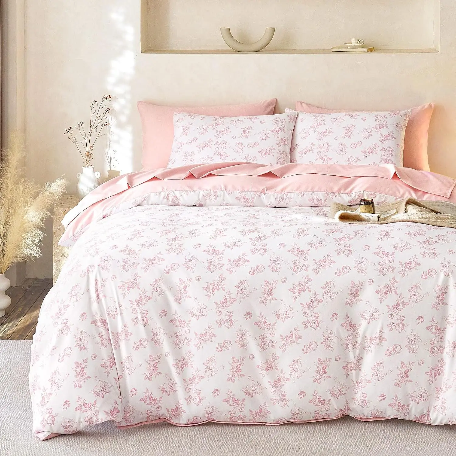 Cottagecore Comforter Set, Floral Vintage Flower Shabby Chic Coquette Aesthetic for Women Teen Girls, Soft Lightweight Dorm Bedding, 3 Pieces, Pink, Full Size