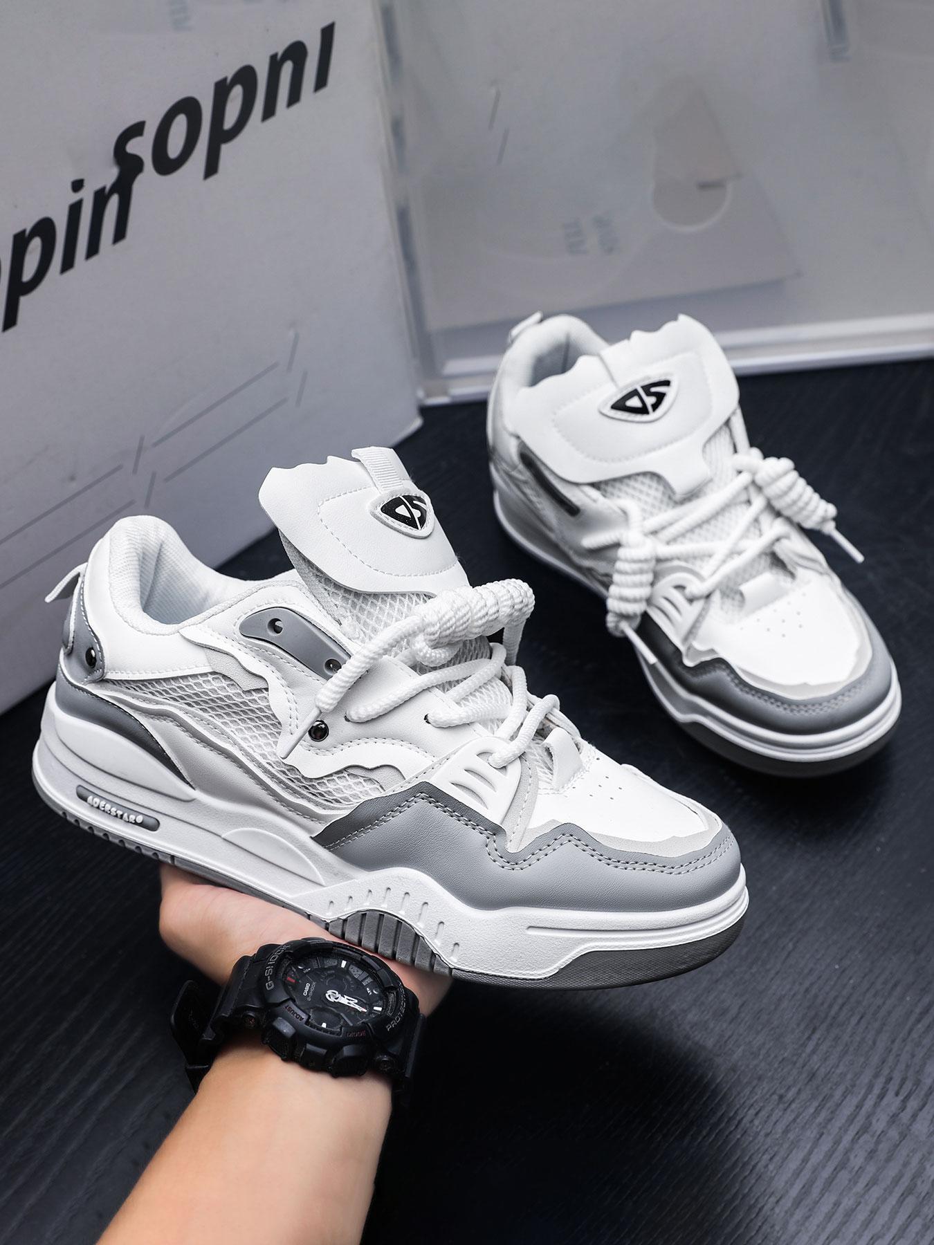 Men's Casual Thick Laces Skate Shoes, Letter Patched Design Low Top Skate Shoes, Contrast Mesh Design Platform Shoes