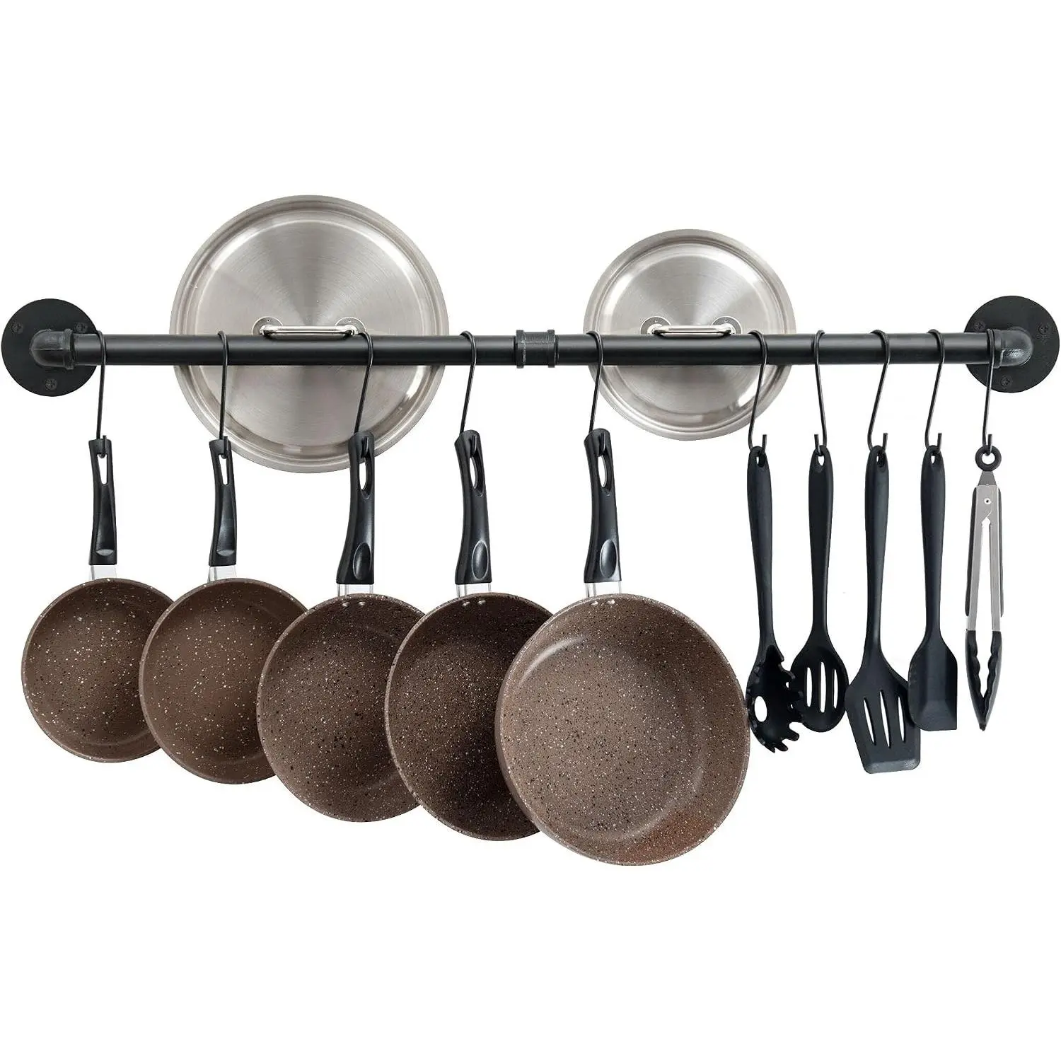 38'' Pot Rack Wall Mounted, Iron Pipe Hanging Pot Rack, 14 S Hooks | Industrial Utensils Kitchen Hanging Rail, Pot and Pan Organizer, Pot Lid Organizer, Black