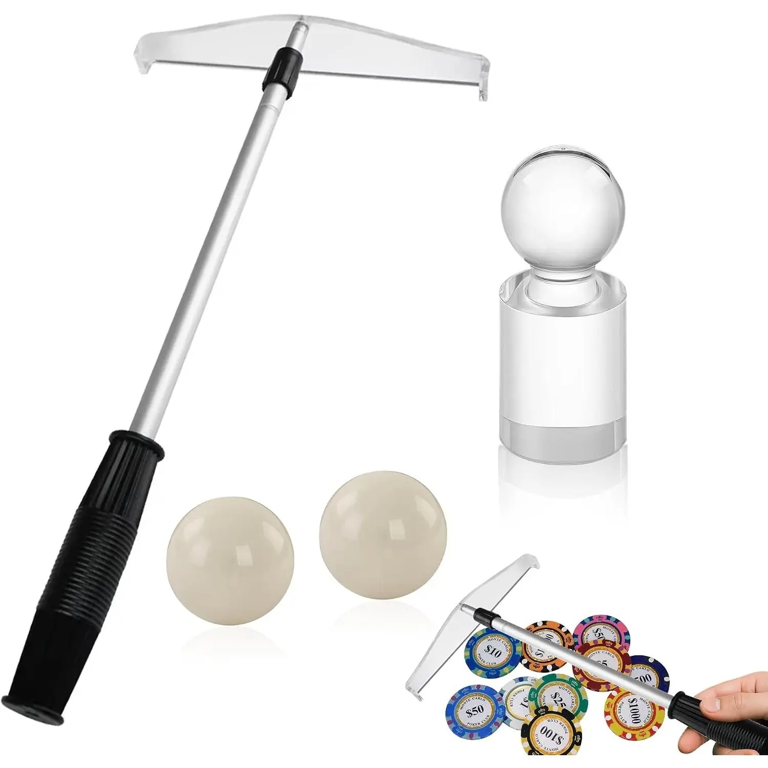 4 Pcs Roulette Game Set Includes Telescopic Poker Chip Rake, 2 Pcs 15mm Roulette Balls and Adjustable Acrylic Win Marker for Casino Las Vegas Wheel Table Games