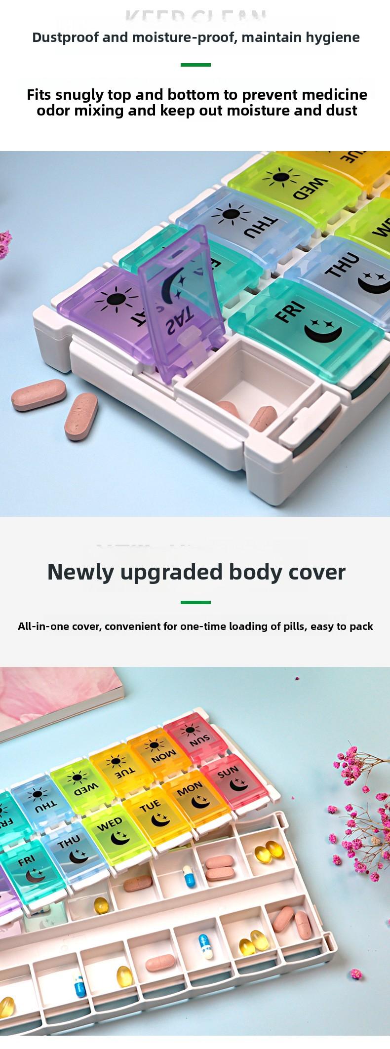 Rainbow Pill Dispensing Box 14-Compartment Press-Open 7-Day Colorful Pill Box Double Row Pop-Up Storage Easy Quick-Load Pill Box Household Portable Medicine Storage Box Dopamine Pill Boxes Large -Capacity Pill Dispensing Box Home