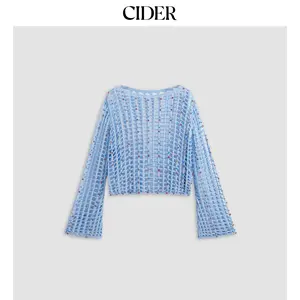 Cider [size 2-10] Knit Boat Neck Hollow Out Beaded See-through Long Sleeve Top