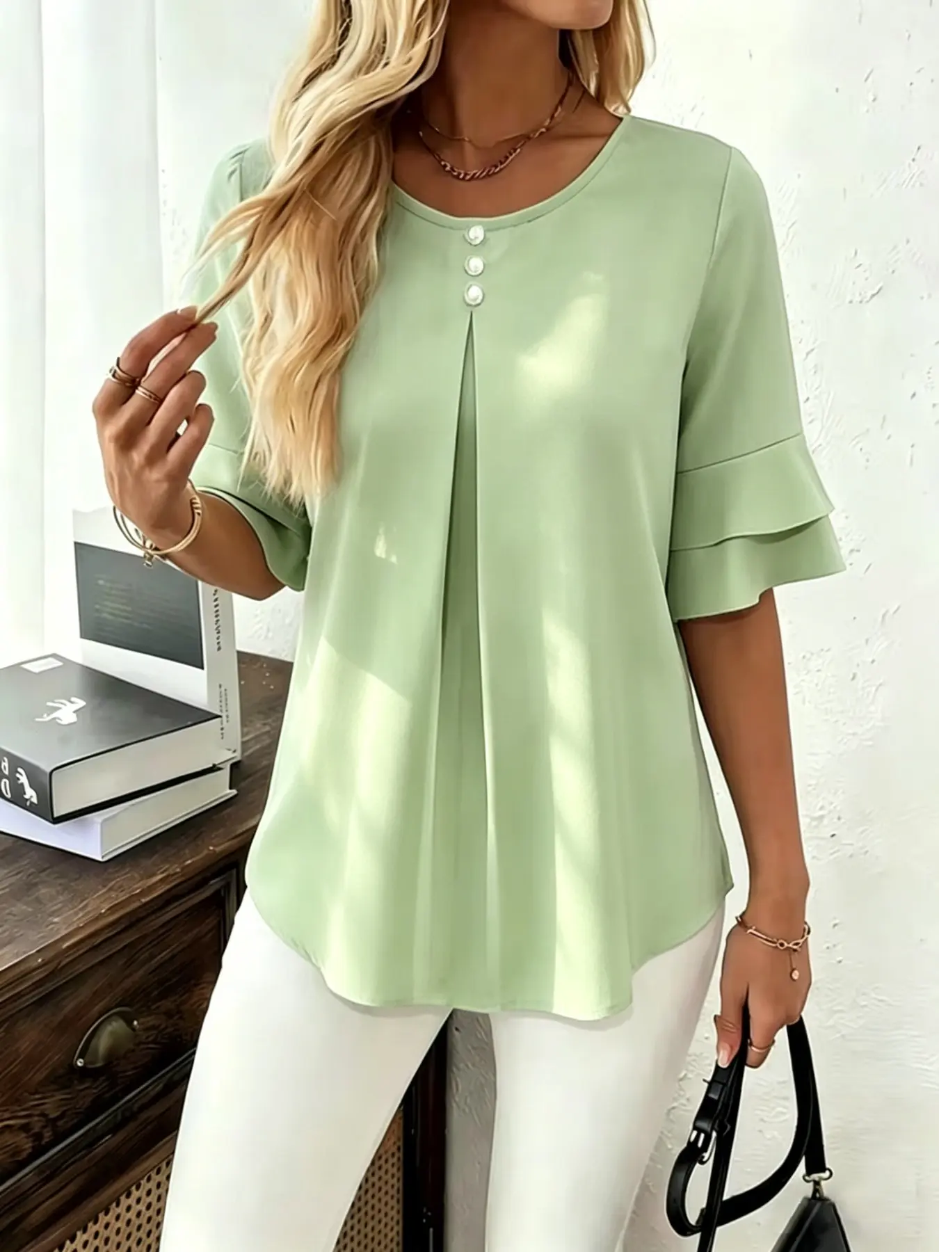 Elegant Curve Women's Office Shirt, Soft Chiffon Fabric, Round Neck Keyhole Cutout, Double Layer Ruffle Short Sleeve, Casual Top