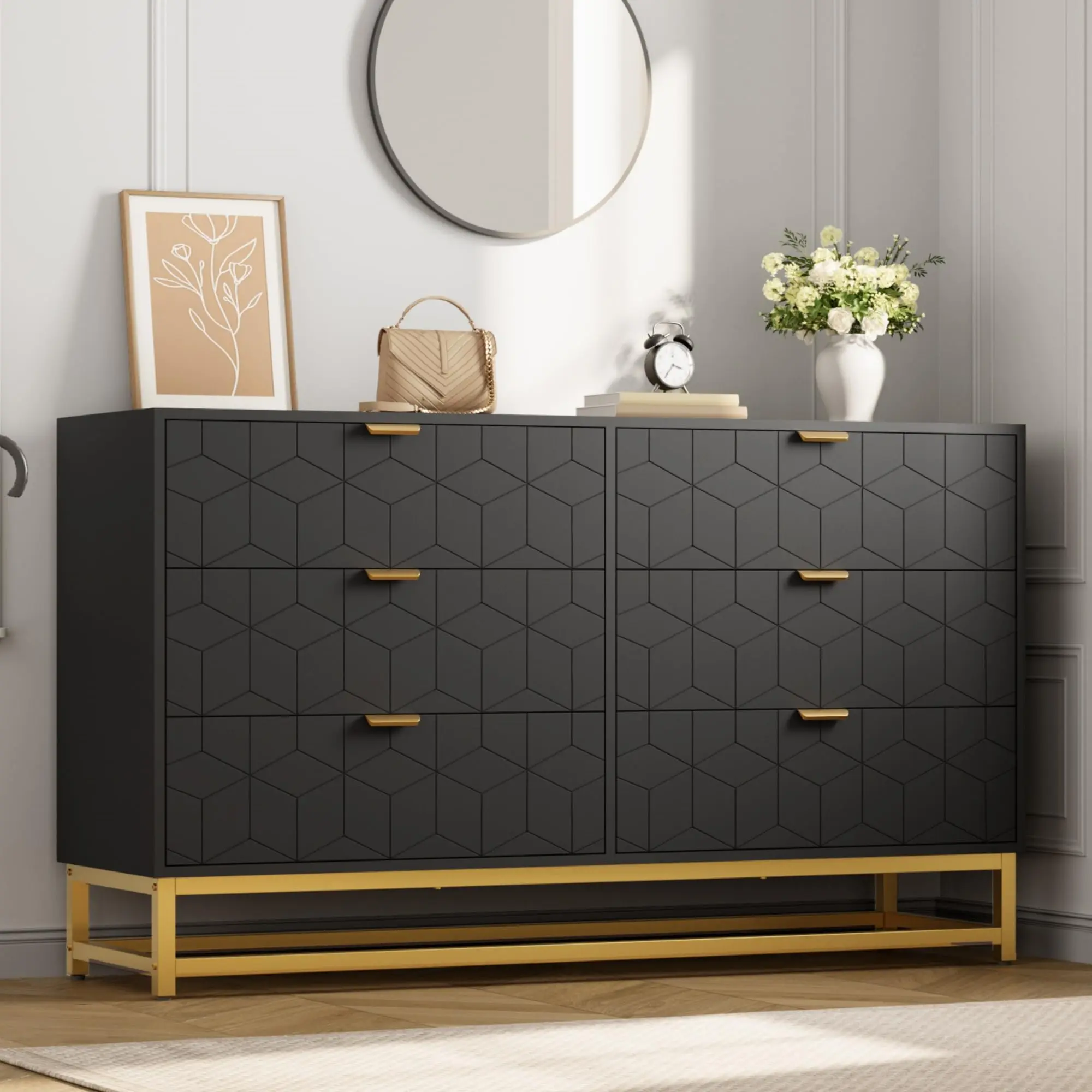 Contemporary Storage 6-Drawer Dresser - Modern 53.5" Wide Chest with Gold Accents & Metal Handles, Versatile Organizer for Bedroom, Living Room, or Hallway