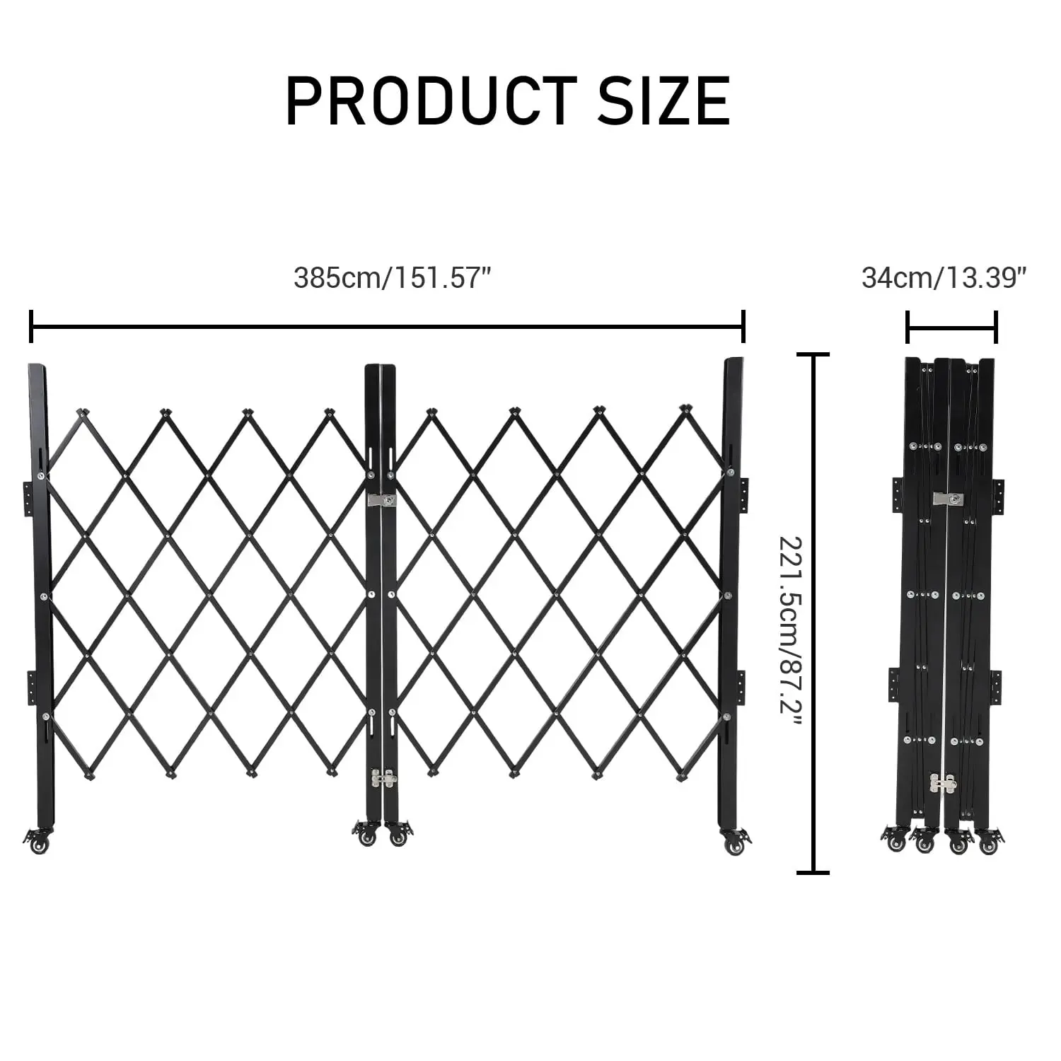 87H×85W Inch Steel Retractable Security Gate | Lockable with 360° Swivel Casters for Garage Yard Pool | Solution for flexible space isolation and safety blocking