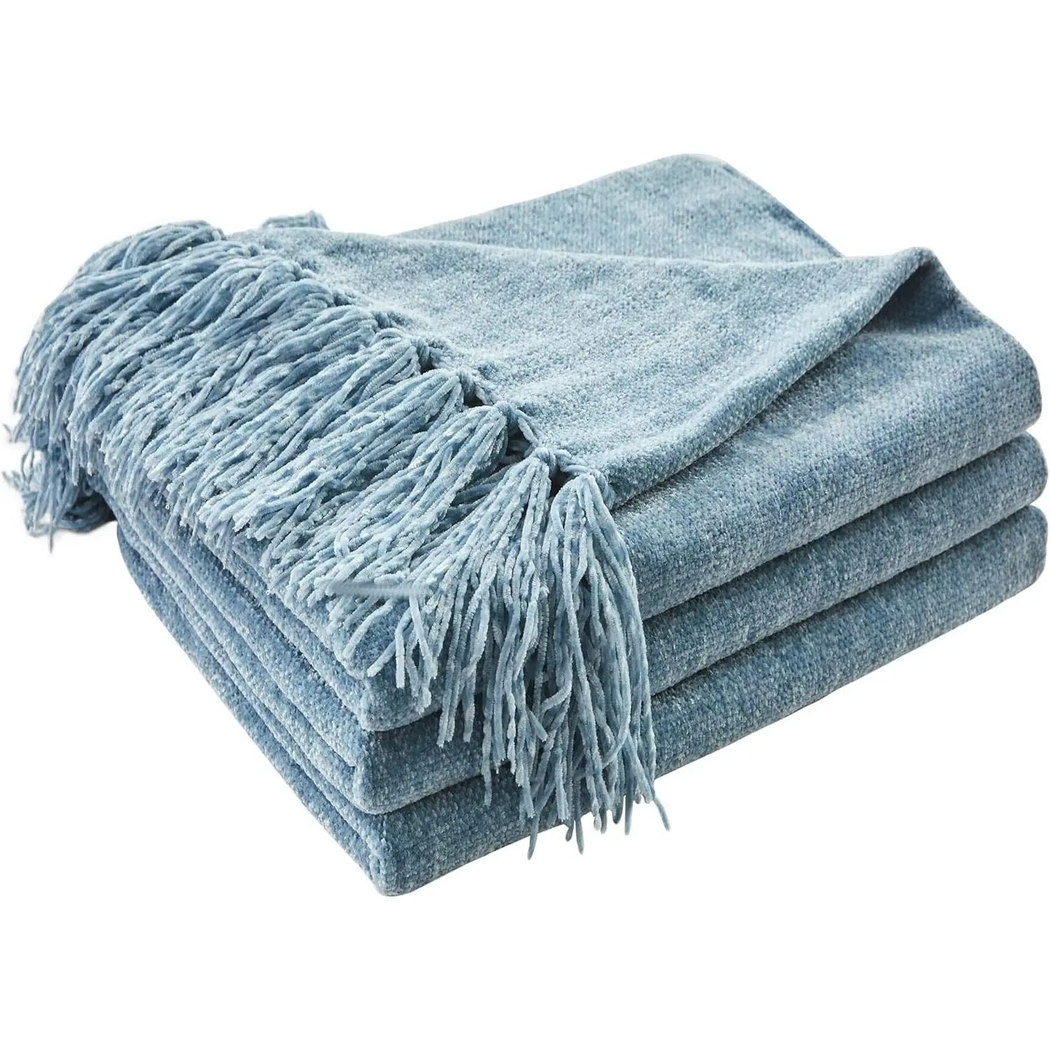 Dusty Blue Chenille Throw Blanket with Fringe Tassels - Cozy Plush Fuzzy Decorative Lightweight Throw for Couch, Bed, Home Decor Gift, 50"X60", 50X60