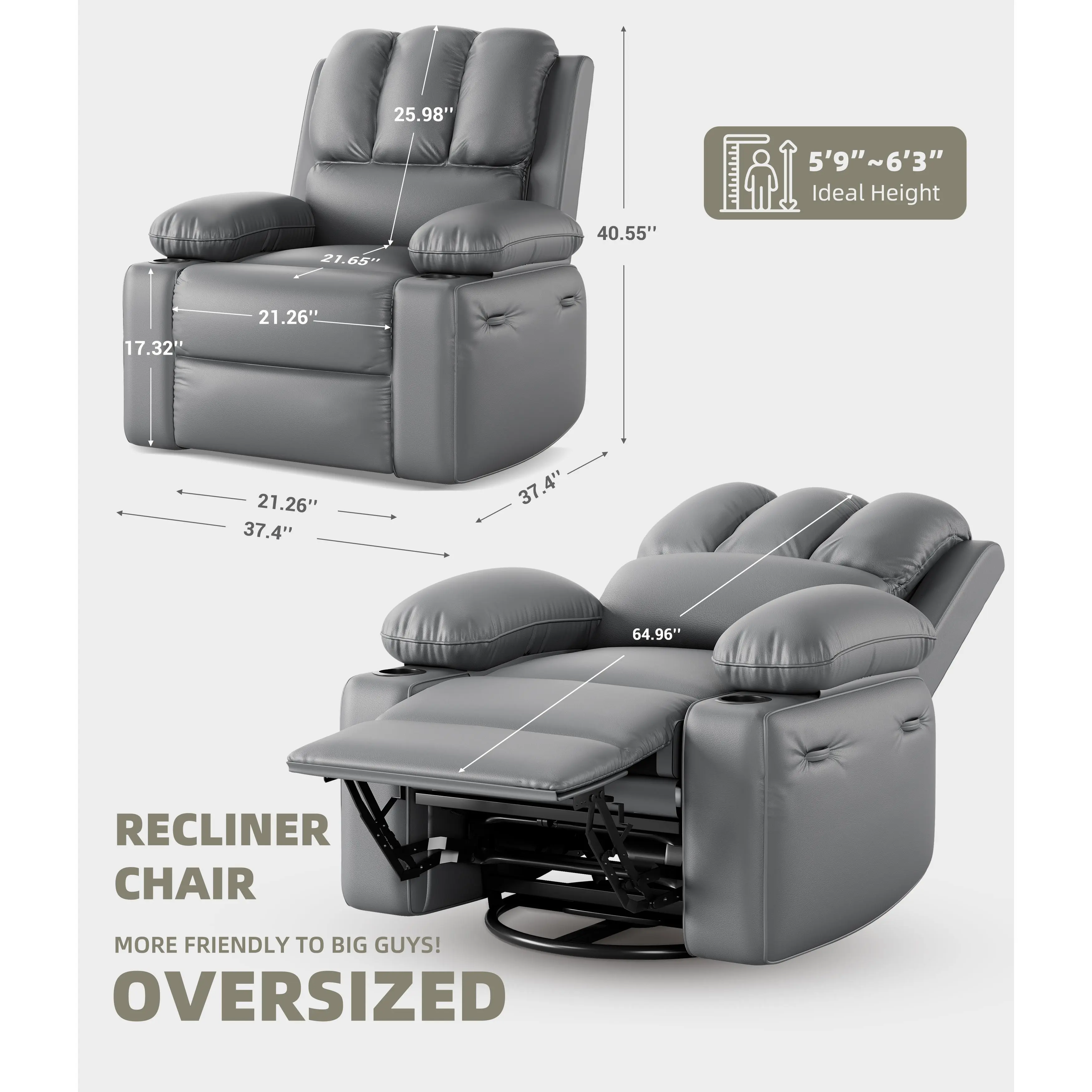 Power Swivel Recliner Chair with Heated Massage and Manual Recline, Oversized Rocker Seating with Cup Holders and Side Pocket, Comfortable Living Room Nursery Chair for Adults