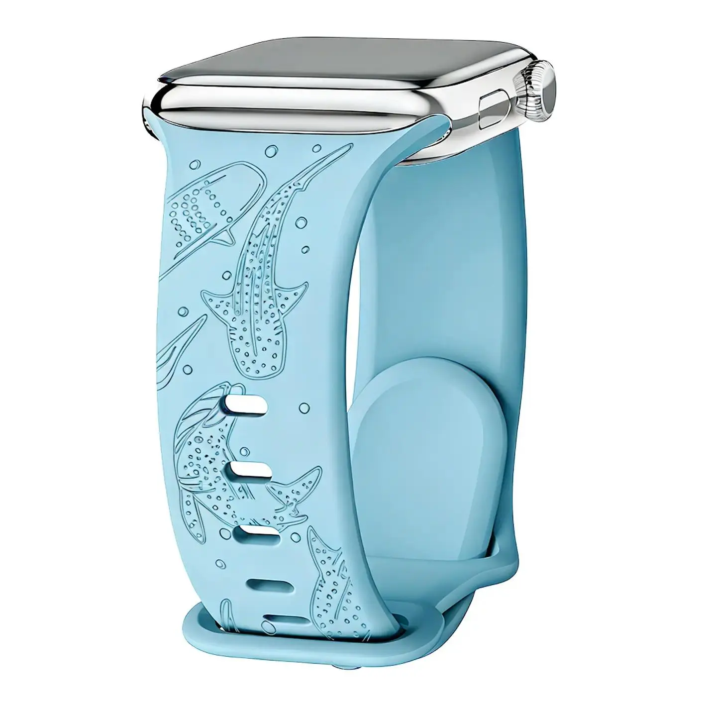 Laser Engraved Whale & Bubble Ocean Pattern Silicone Watch Band, Marine Animal Sport Replacement Strap Compatible with Apple Watch
