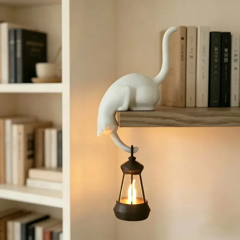 100% Brand New 3D Printed Plastic Animal Cat Shelf Hook with Lantern Figurine, Night Light for Home Bedroom Decor