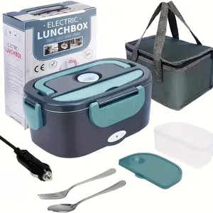 Portable Car Heated Electric Lunch Box, Stainless Steel Leakproof Container with 12V/24v Plug, Includes Spoon and Insulated Bag