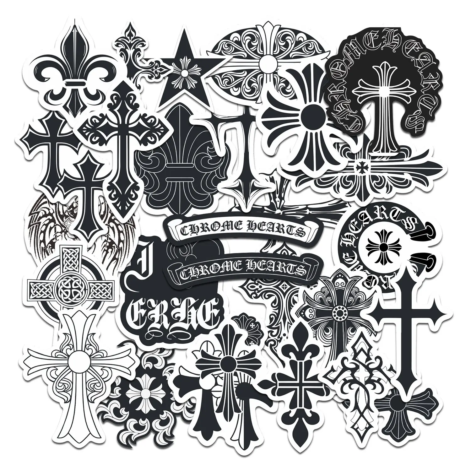 28pcs Chrome Hearts Gothic Cross Stickers Pack, Waterproof Black & White Streetwear Decals for Laptop, Water Bottle, Skateboard & Luggage, Street Fashion Fan Gift, Sticker Packs