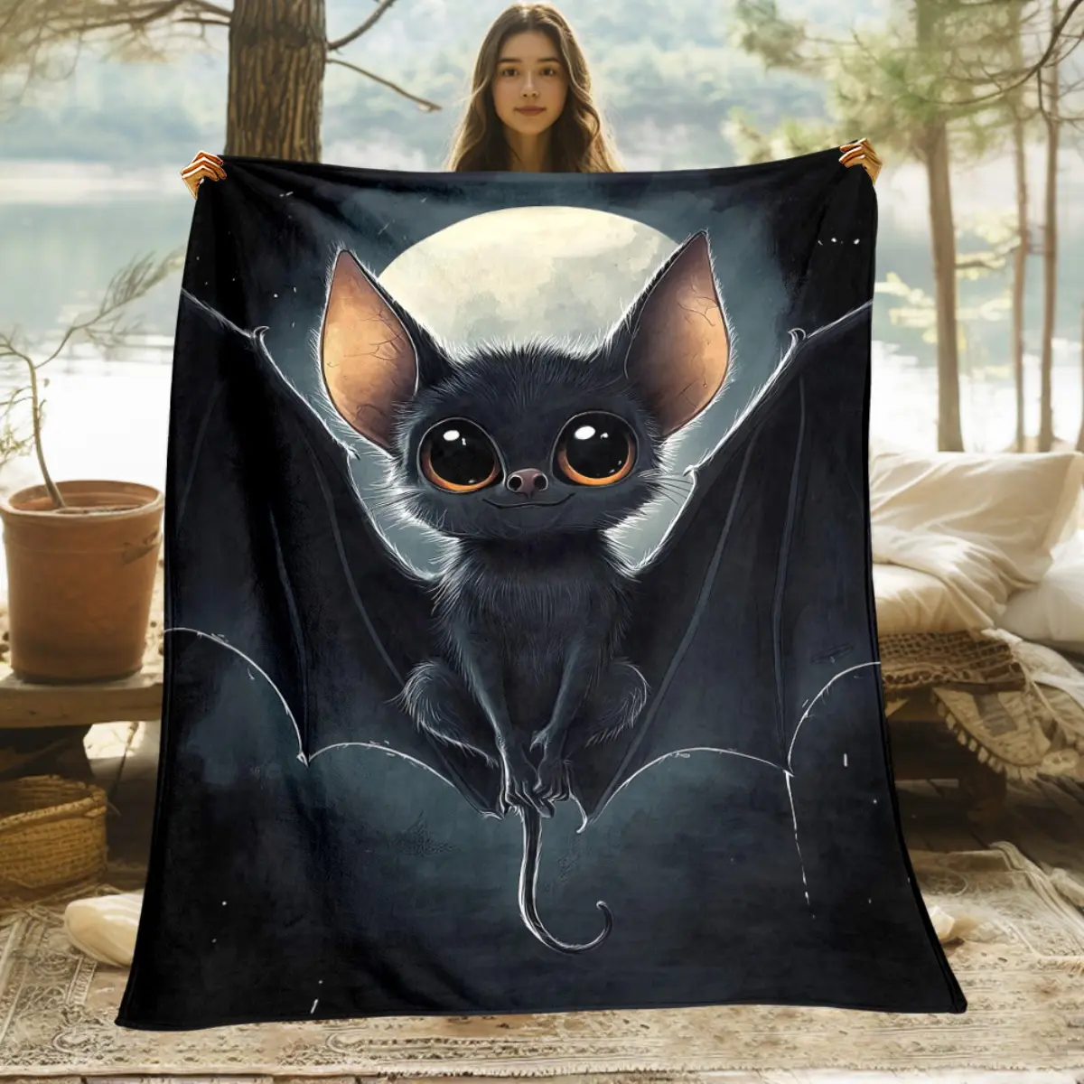 1Pc Lightweight Black Bat-Printed Soft Blanket, Ideal for Home Decor, Suitable for Sofas, Travel & Camping Use, Bedding & Living Room/Office Throws