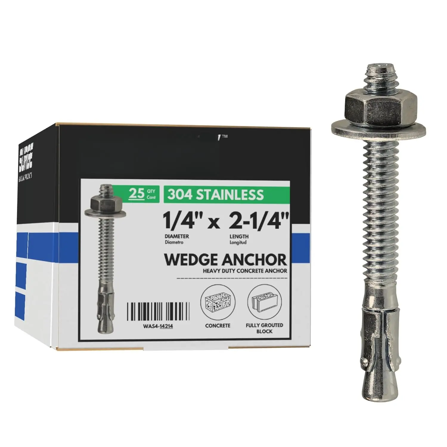 1/4" X 2-1/4" 304 Stainless Steel Wedge Anchors for Concrete (Box of 100)