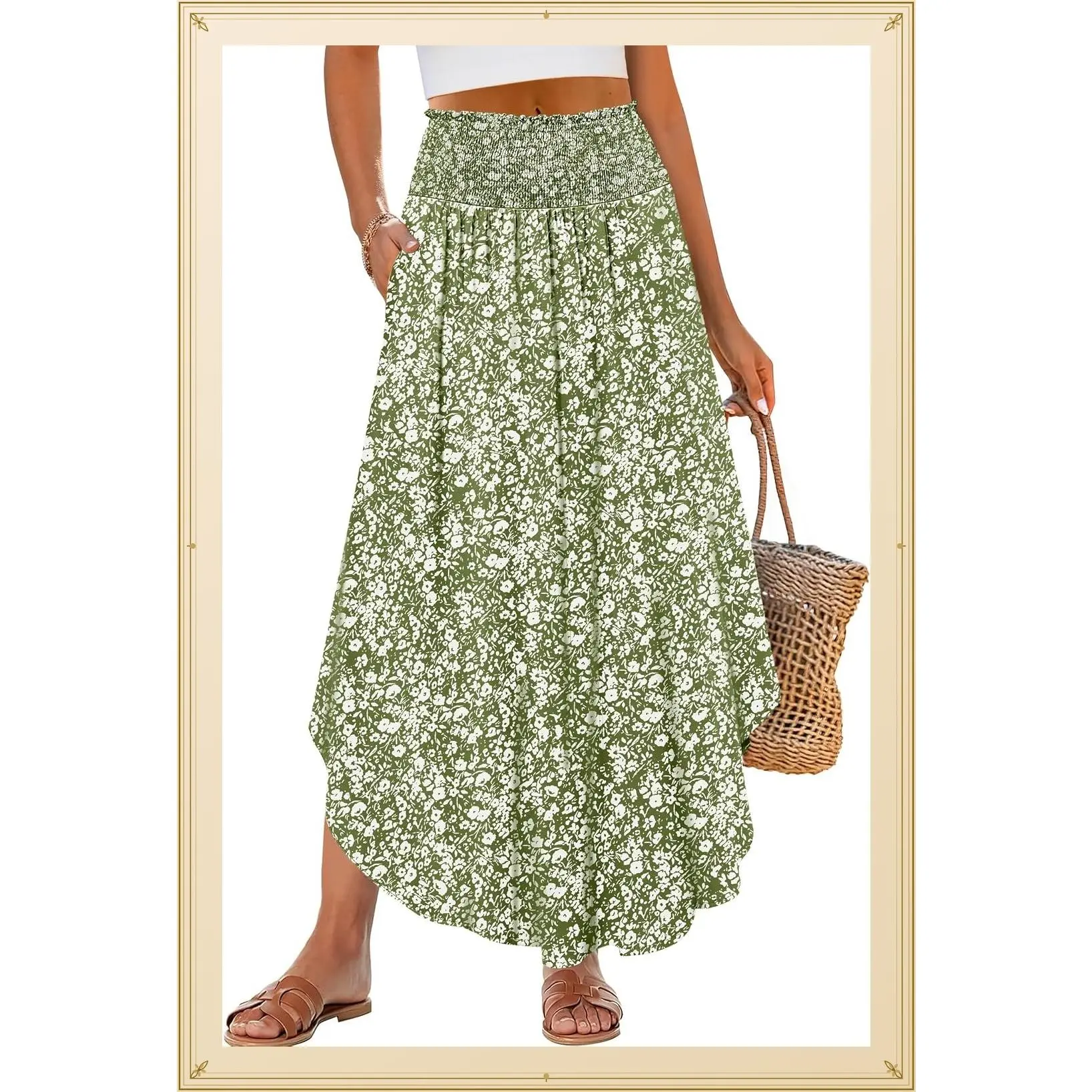 Women's High-Waisted Boho Floral Polyester Maxi Bottoms, Flowy Swing Pleated Beach Skirt with Pockets (Gift for Sports & Outdoor Use)