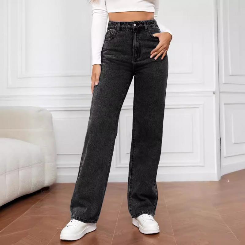 2025 High Rise Jeans for Women Wide Leg Stretchy Pants Straight Leg Loose Denim Tummy Control Trousers with Pockets Stretch Tights Waist