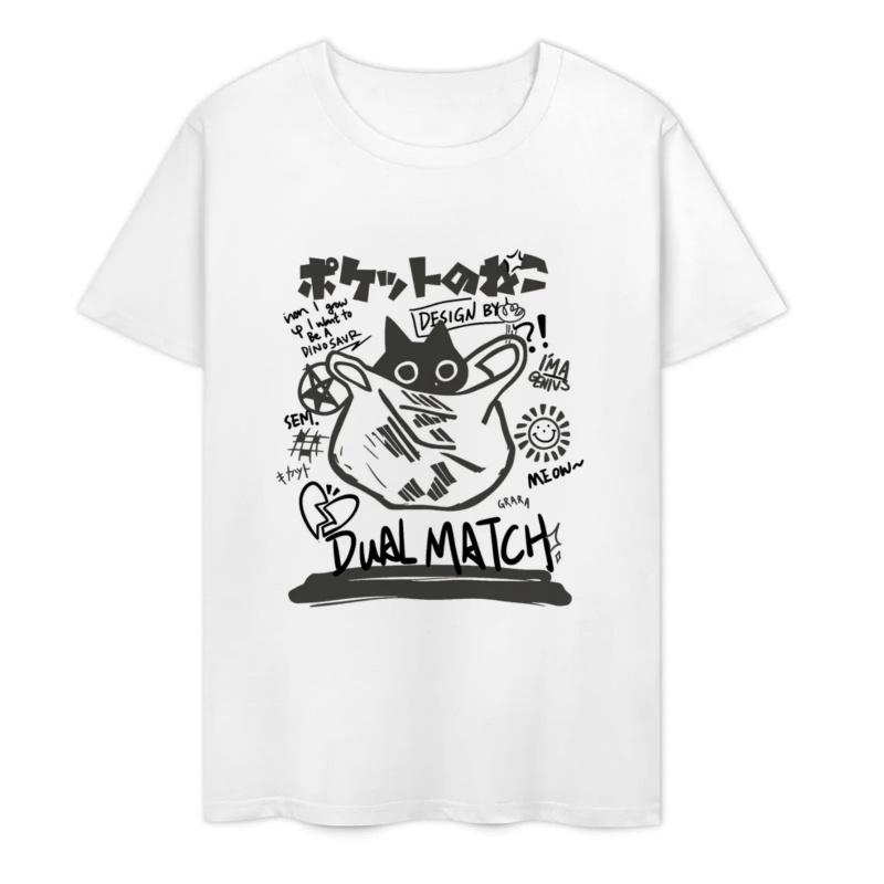 Summer Japanese Retro Pocket Cat Cartoon Printed Short Sleeve T-shirt Male Female Couples Unisex College Style Oversized Top