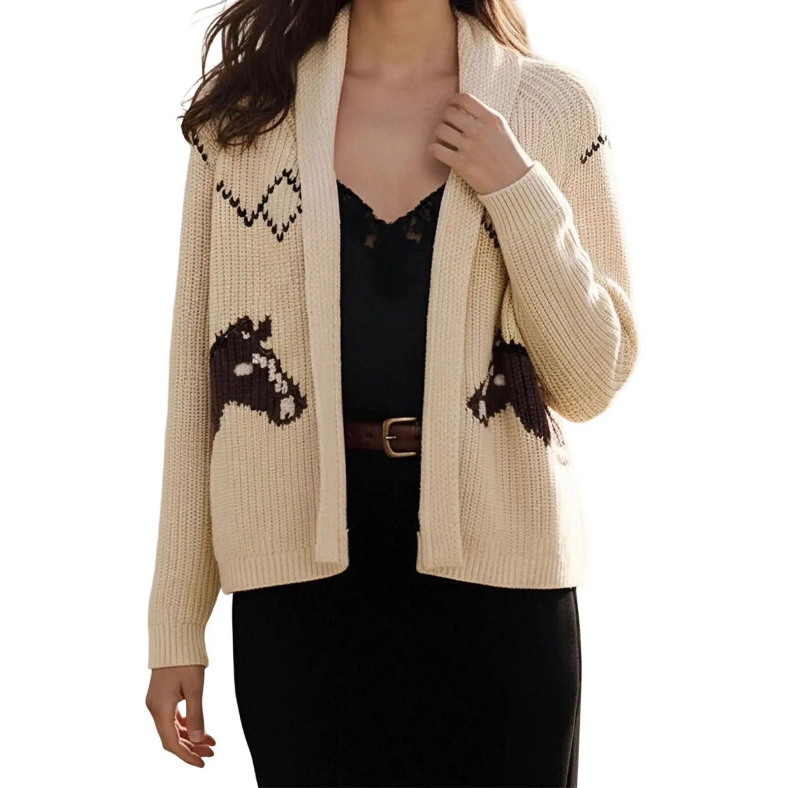 Lady's Acrylic Knitting Cardigan Sweater - Casual, Multicolor Sailboat & Horse Pattern, Long Sleeves, V-Neck, Open Front, Loose Fit, Lightweight Women's Top