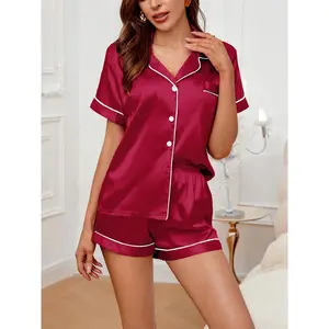 Women's Pajamas Set Satin Sleepwear Button Down Tops and Shorts Pajama 2 Piece Suit Pyjama Femme Nightwear Loungewear for Summer