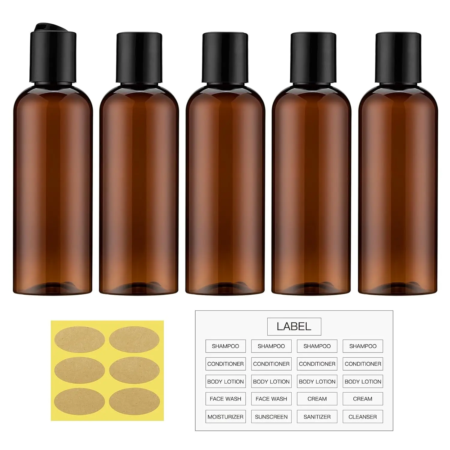 Travel Bottles for Toiletries, 3.4 oz Travel Size Containers, 5 count,  | Squeezable empty plastic bottles, TSA approved, leak proof, with labels, for liquids & shampoo lotion, gym essentials
