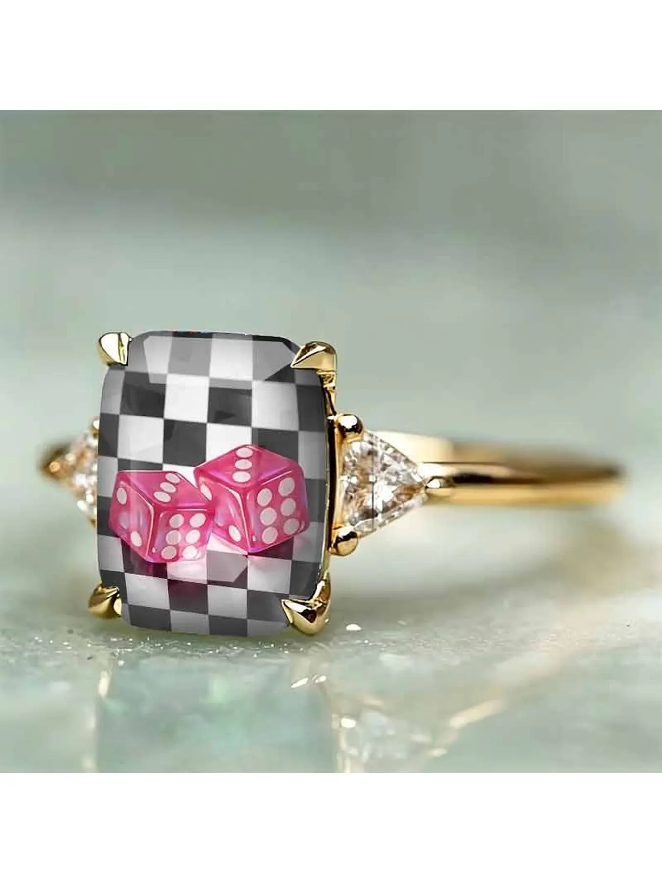 A black and white checkered pattern combined with a pink dice-printed square ring, featuring an American retro tomboy style. The dice symbolize good luck and opportunities.