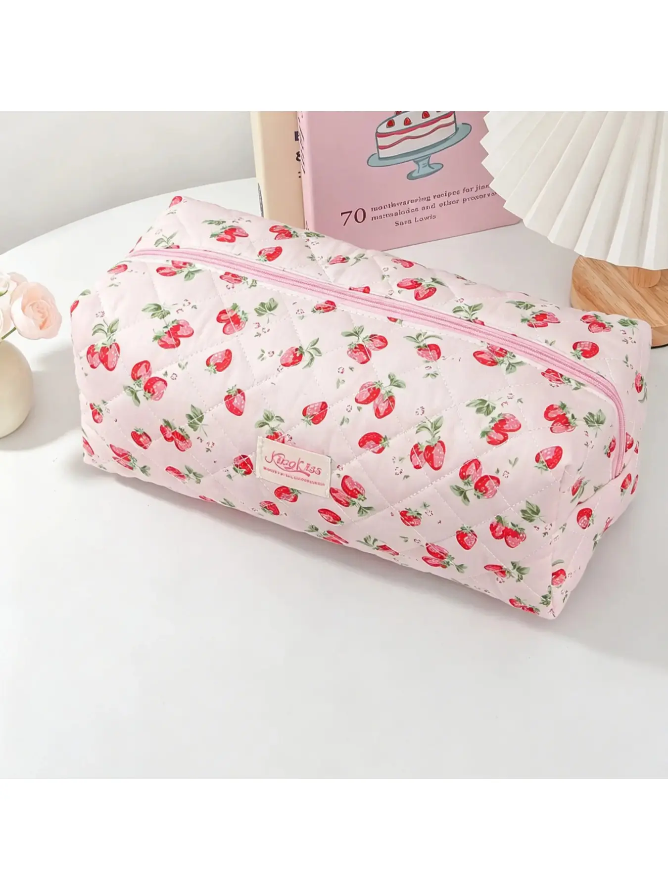 Cute Strawberry Quilted Hair Dryer Storage Bag Large Capacity Travel Makeup Organizer for Women, Portable Curling Iron and Hair Styling Tools Case, Travel Essentials, Birthday Gift for Girlfriend, Wife, Mom, Christmas Halloween Beauty Bag
