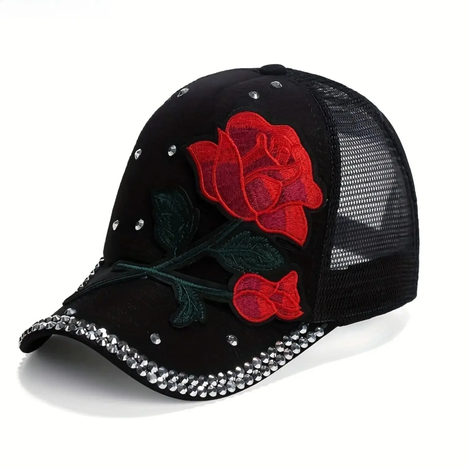 Women's Red Rose Patch Embroidered Trucker Hat - Classic Mesh Fabric Baseball Cap with Rhinestone Decor, Adjustable Snapback Strap, Sunshade Visor for Outdoor Wear, Streetwear, Embroidery, Breathable, Casual, Fashion, Female, Sports