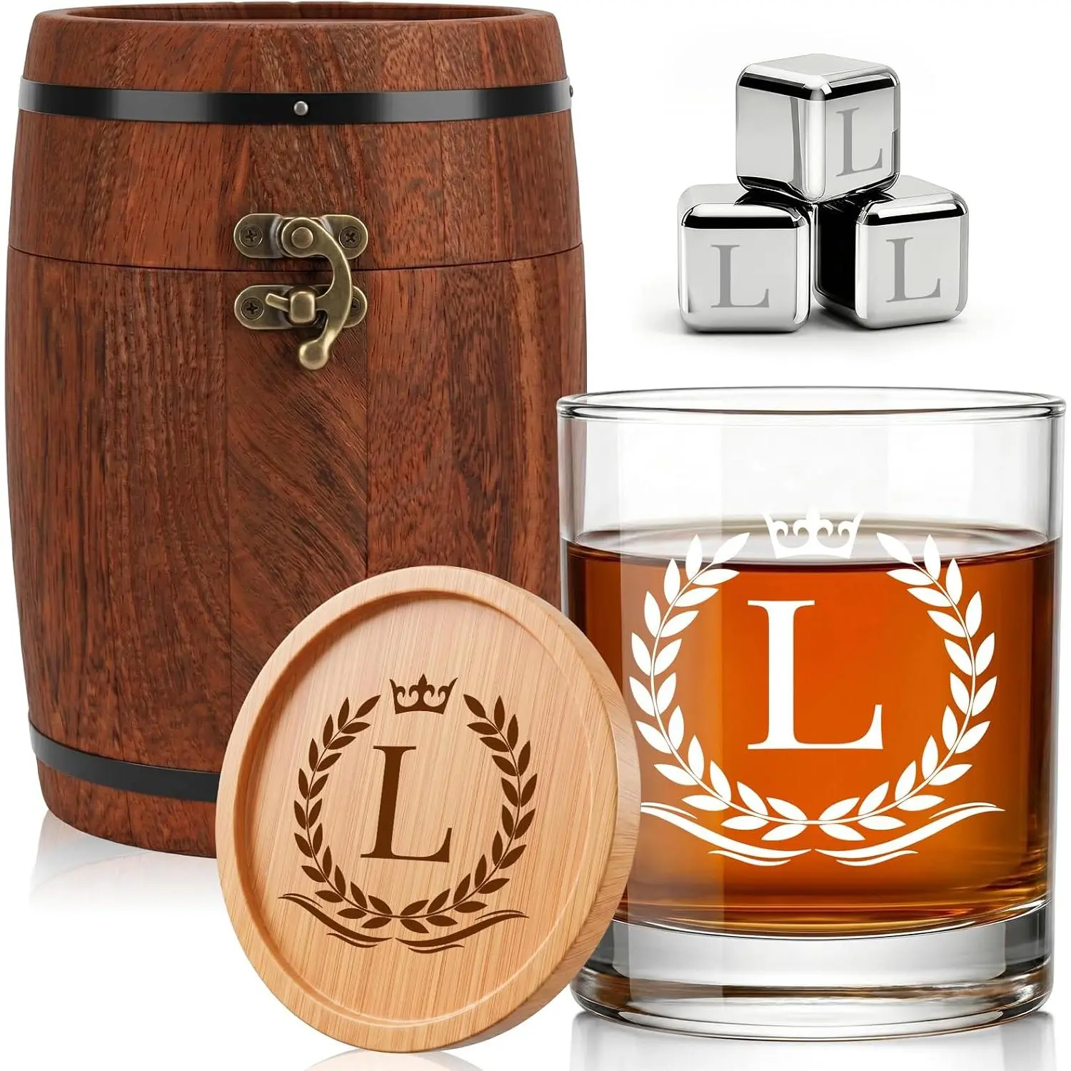Fathers Day Personalized  Glass  Set with Custom Initial A-Z Rocks Glass, Personalized Chilling Stones & Coaster in  Wooden Oak Barrel Box - Birthday Gifts for Men Dad Husband(L)
